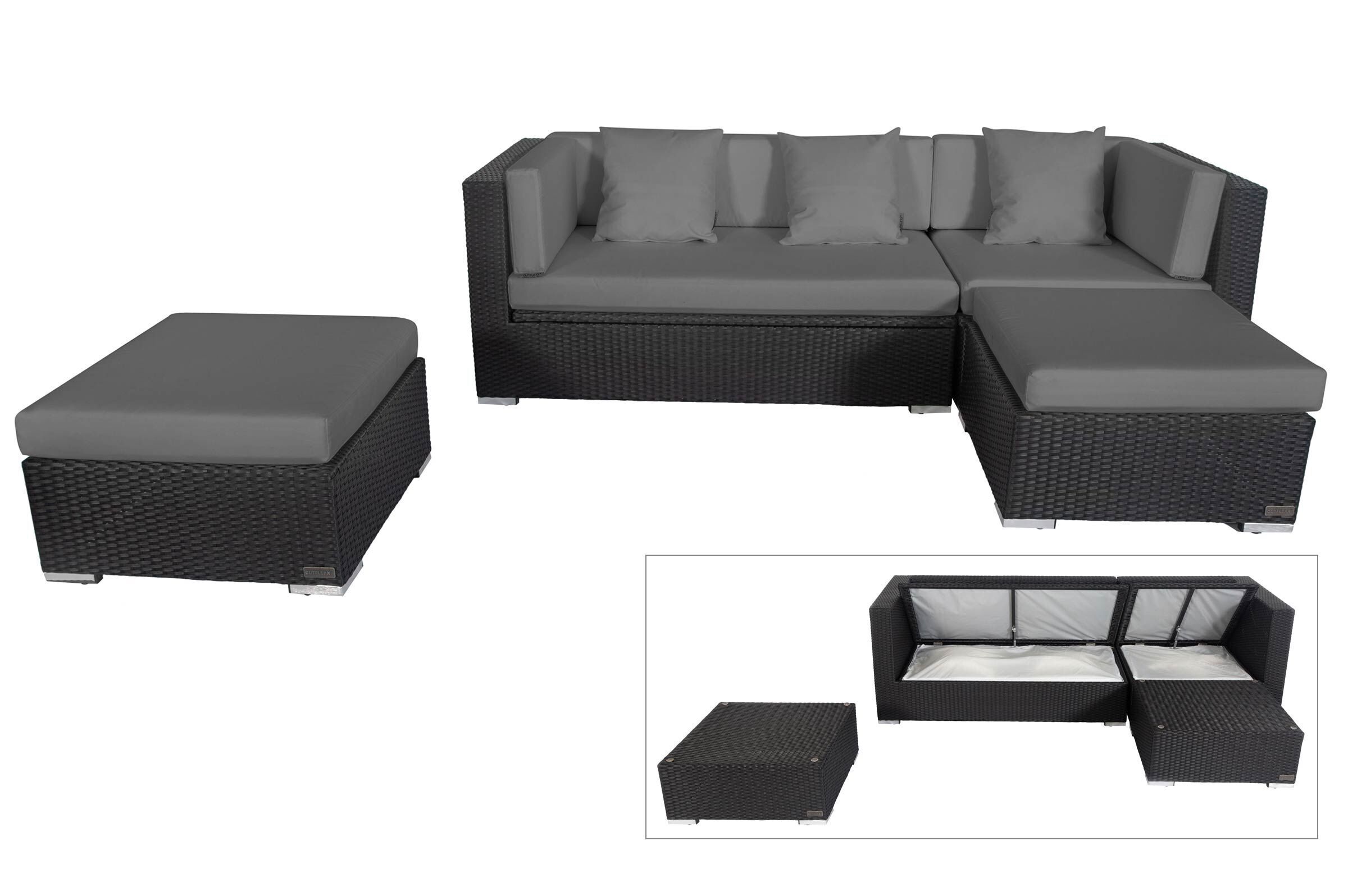 OUTFLEXX Gartenlounge, schwarz, Polyrattan, 5 Personen, wasserfeste Kissenbox