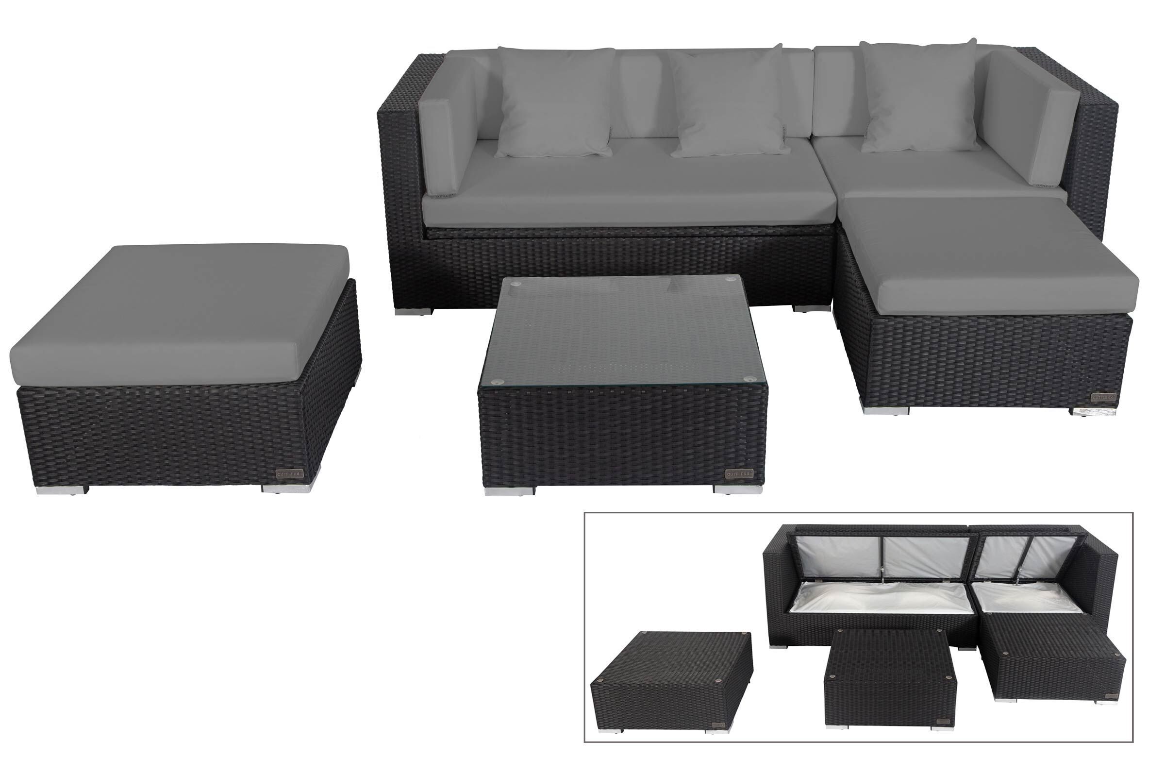 OUTFLEXX Gartenlounge, schwarz, Polyrattan, 5 Personen, wasserfeste Kissenbox, inkl. Kaffeetisch