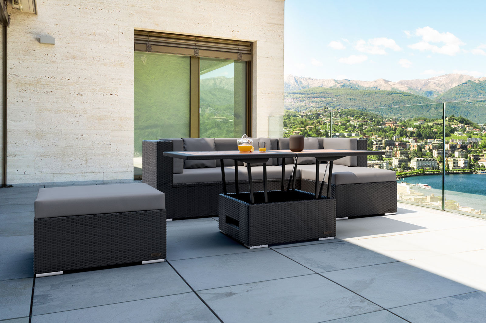 OUTFLEXX Gartenlounge, schwarz, Polyrattan, 5 Personen, wasserfeste Kissenbox, inkl. Loungetisch