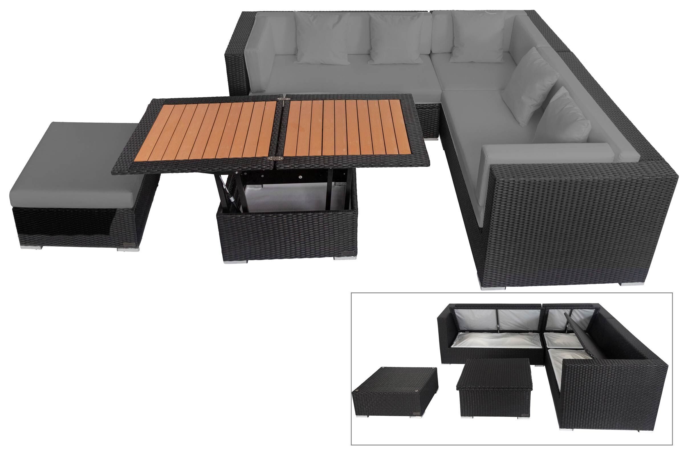 OUTFLEXX Gartenlounge, schwarz, Polyrattan, 6 Personen, wasserfeste Kissenbox, inkl. Loungetisch