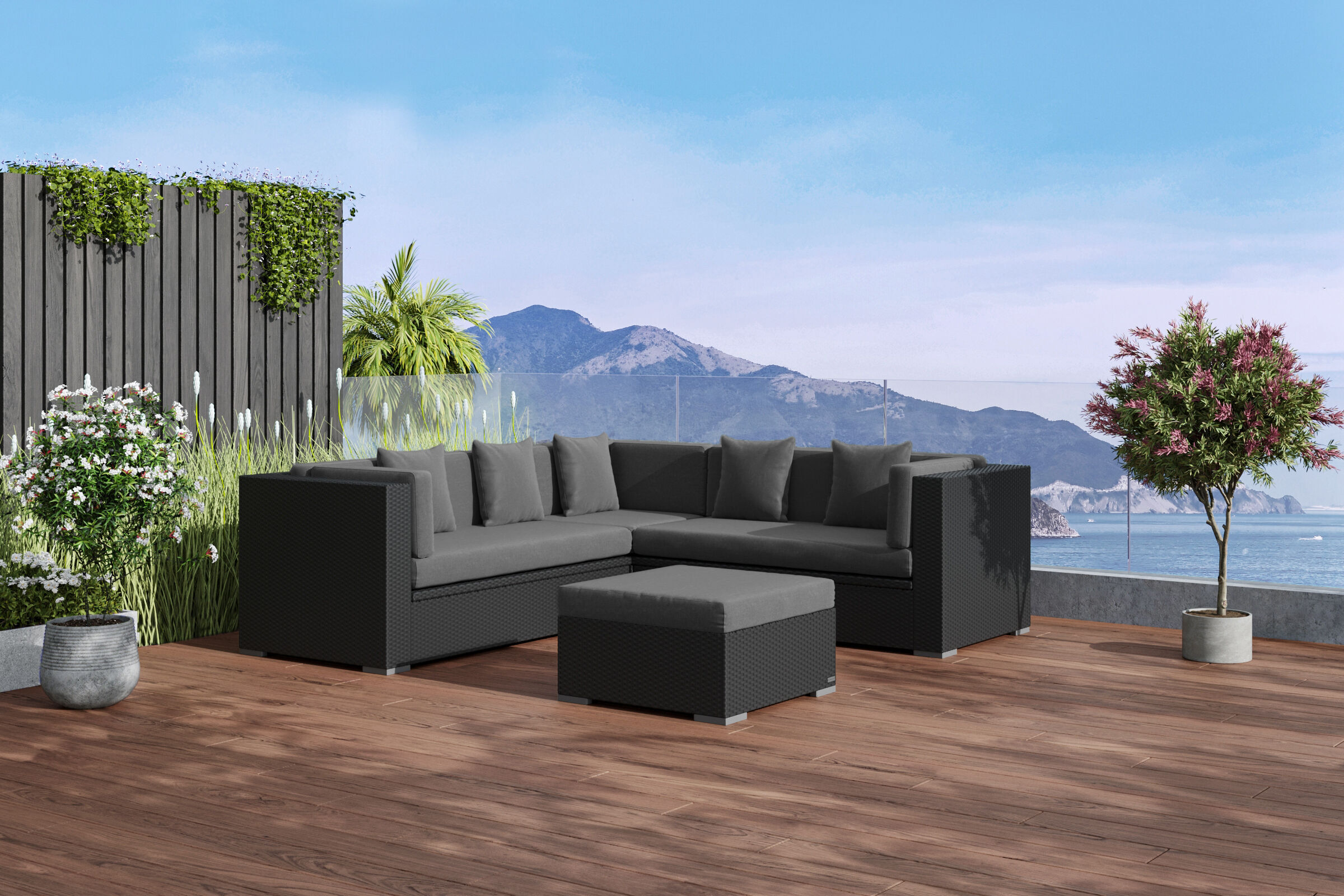 OUTFLEXX Gartenlounge, schwarz, Polyrattan, 6 Personen, wasserfeste Kissenbox