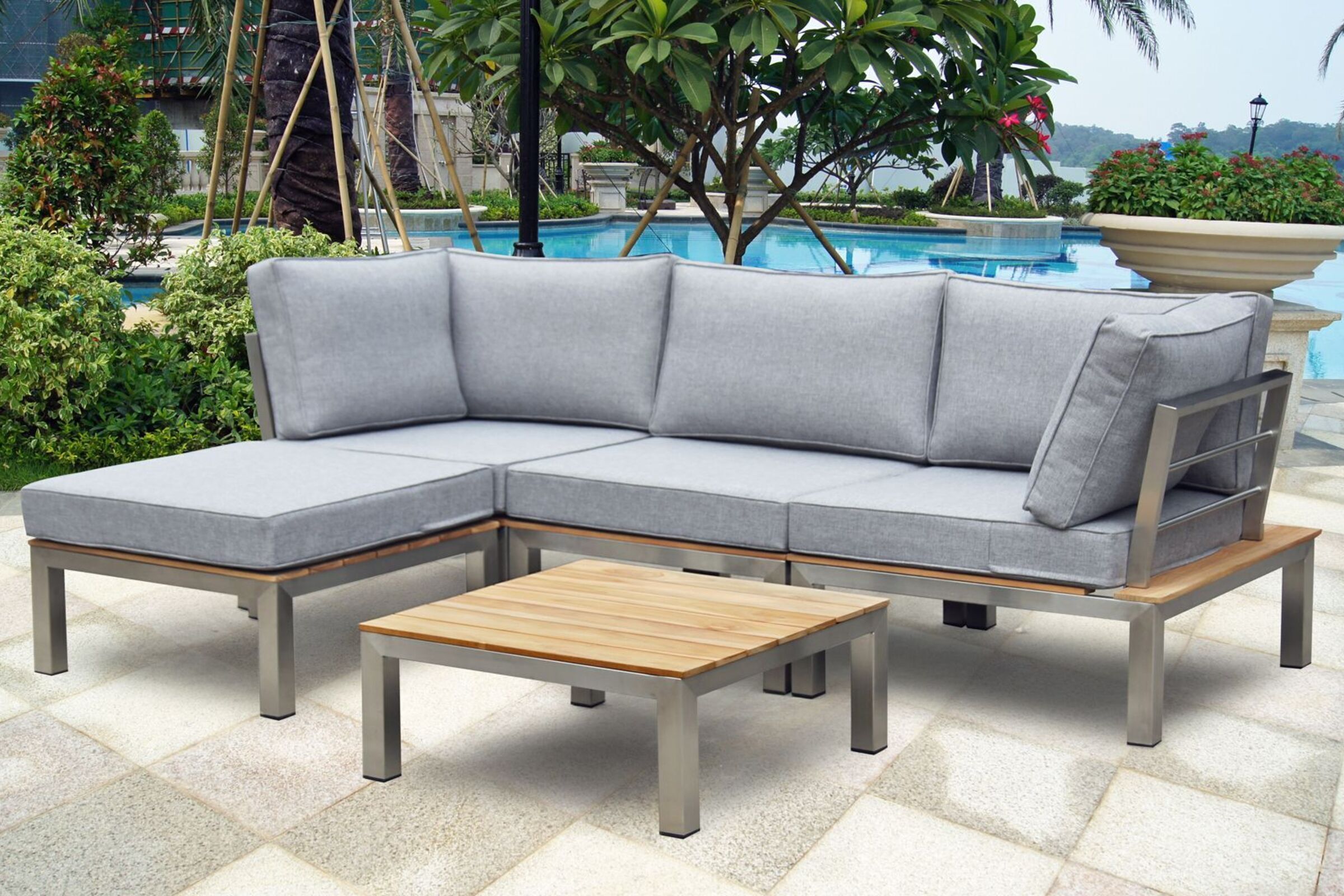 OUTFLEXX Gartenlounge, silber/grau, Edelstahl/FSC-Teakholz/Textil, für 4 Personen, inkl. Beistelltisch