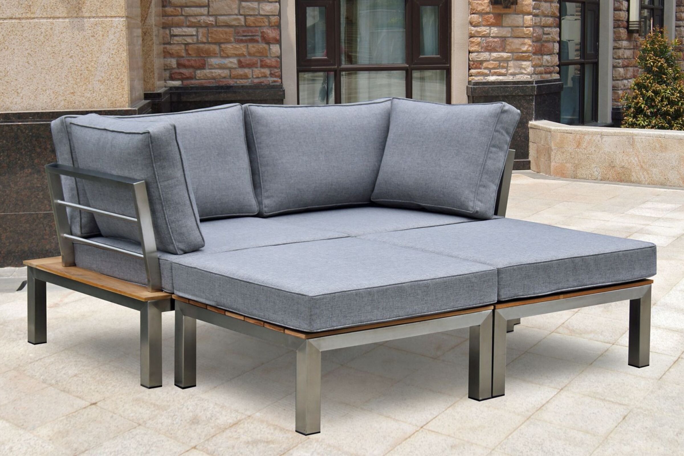 OUTFLEXX Gartenlounge, silber/grau, Edelstahl/FSC-Teakholz/Textil, für 2 Personen, Liegefunktion