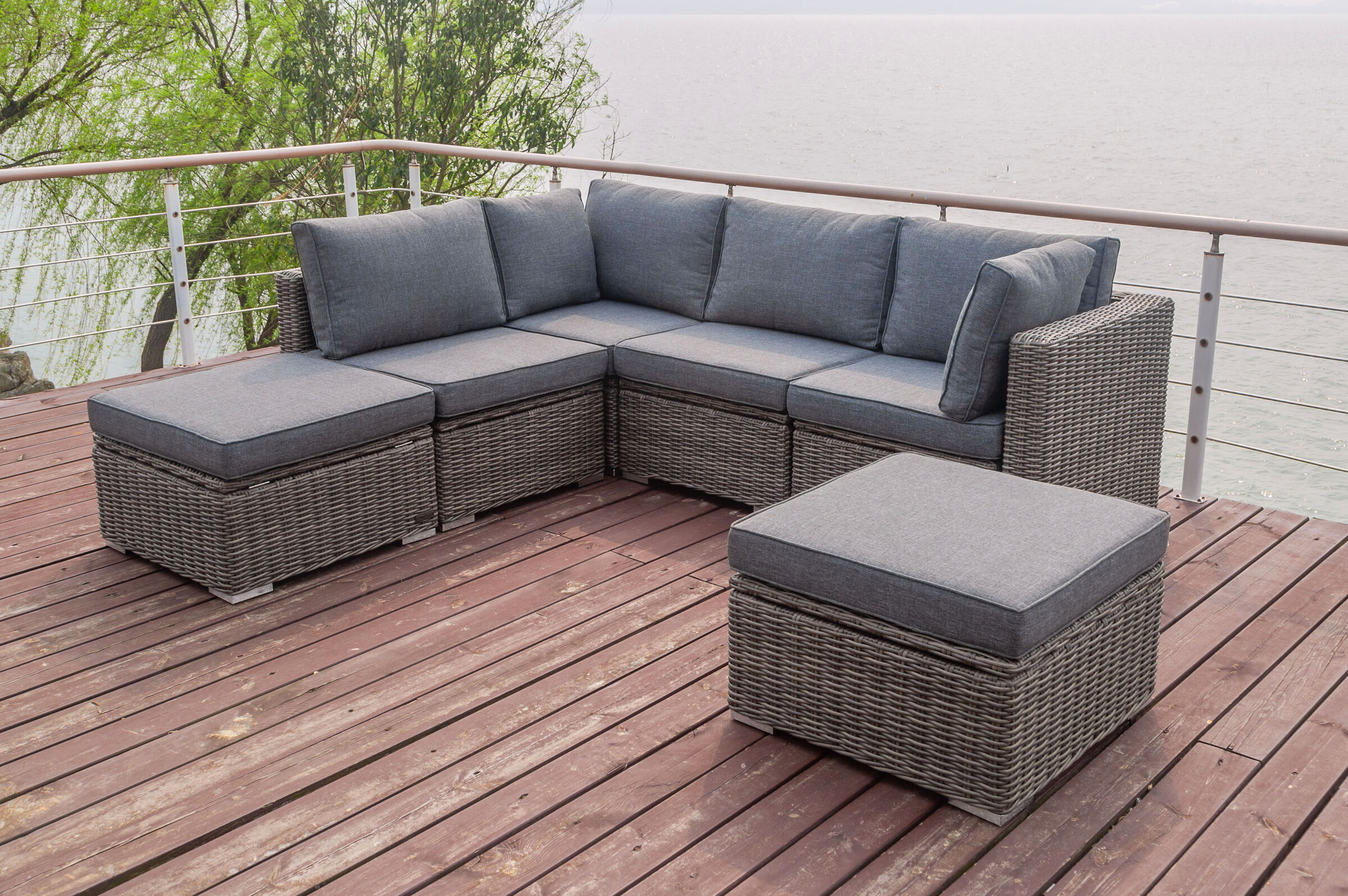 OUTFLEXX Gartenlounge, grau, Polyrattan, 6 Personen, verstellbare Sitzflächen, wasserfeste Kissenbox