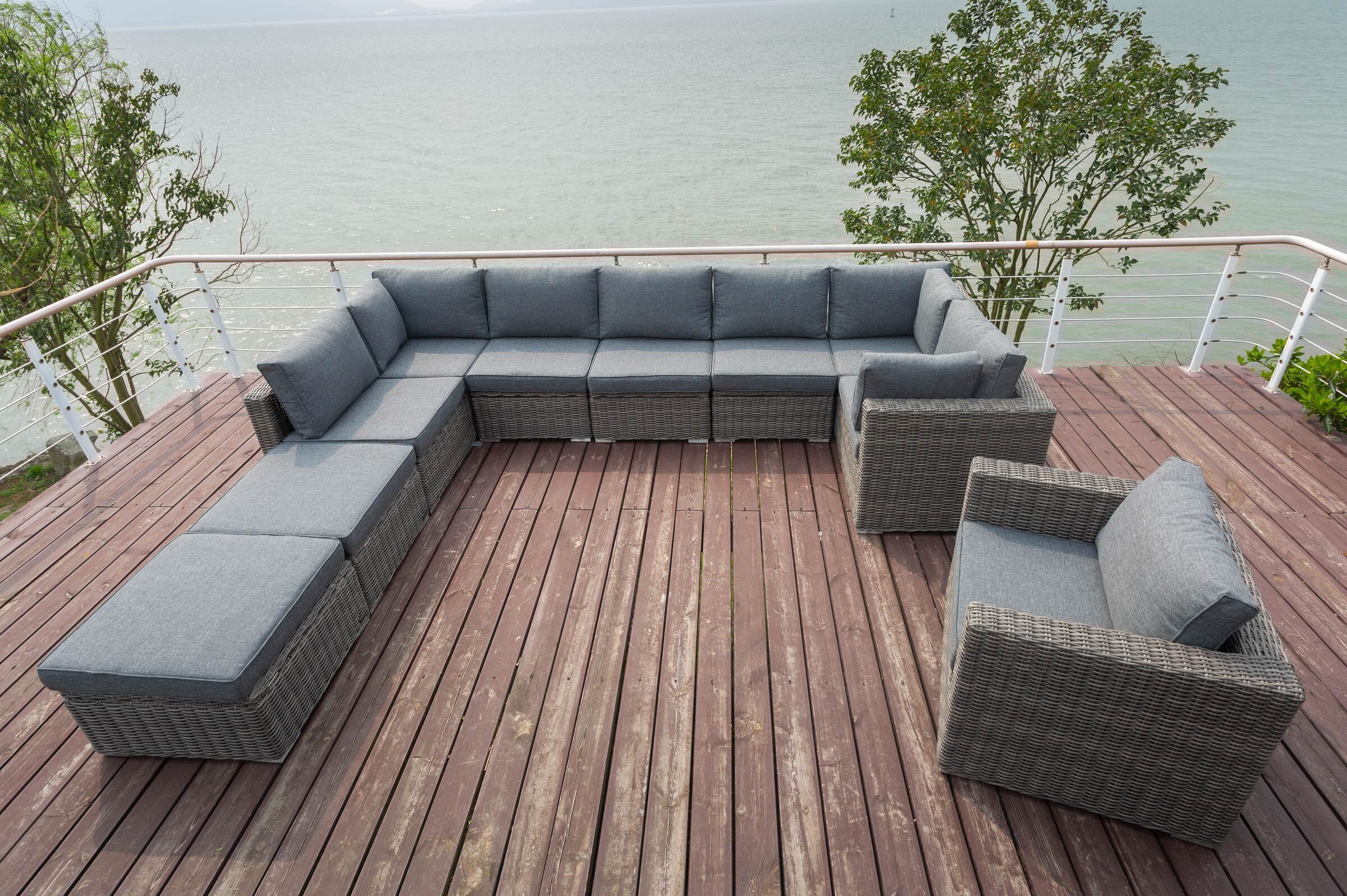 OUTFLEXX Gartenlounge, grau, Polyrattan, 10 Personen, mit Sessel, verstellbare Sitzflächen, wasserfeste Kissenbox