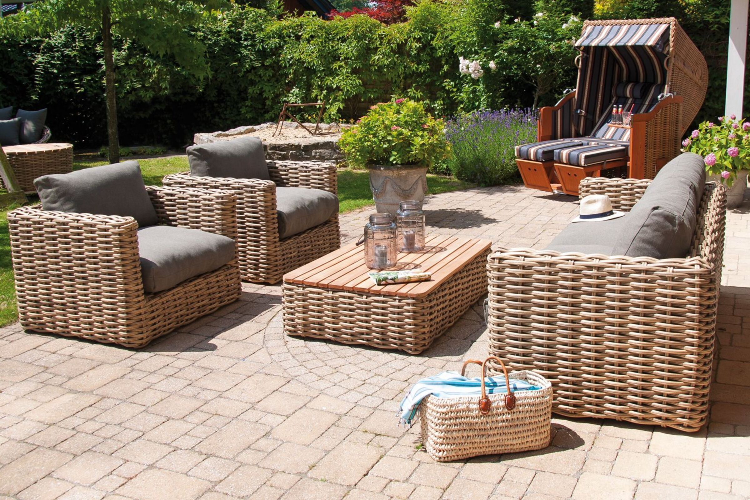 SONNENPARTNER Sands Loungegruppe, light oaks, Geflecht, 4 Personen, inkl. Polster