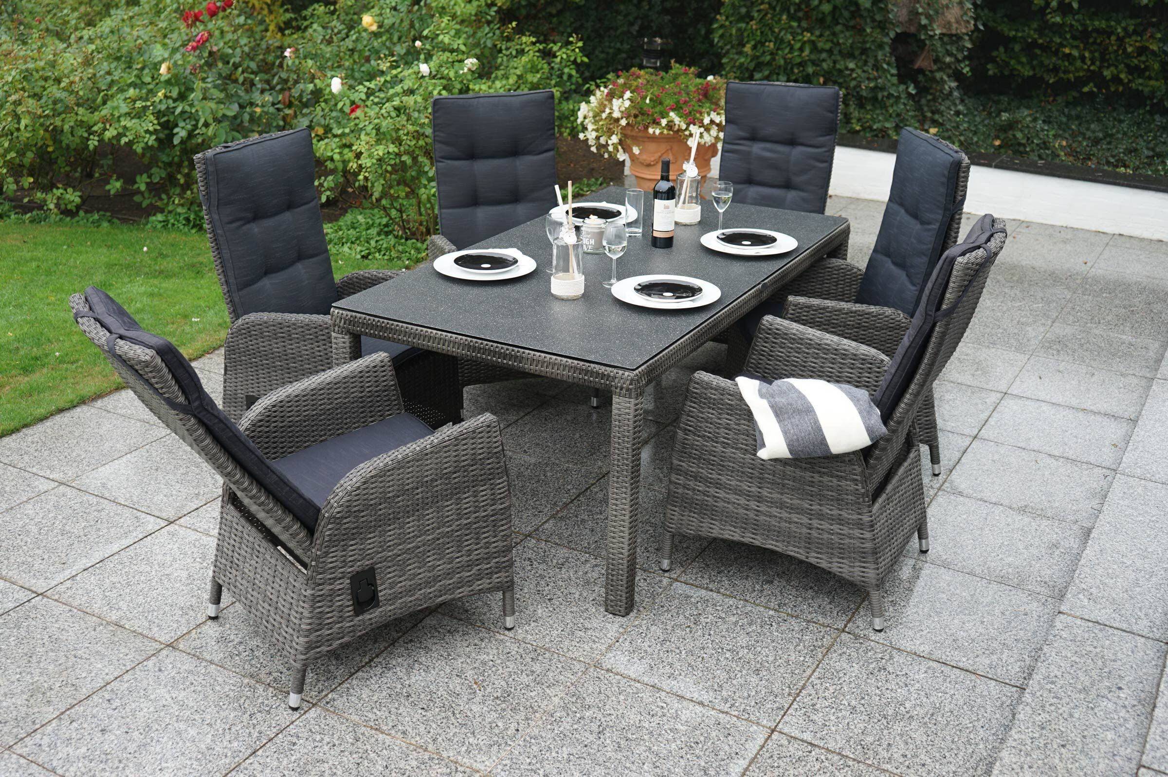 Ploß Rocking Garten-Essgruppe, grau/braun-meliert, Polyrattan, Tisch 180 x 110 cm, 6 Sessel