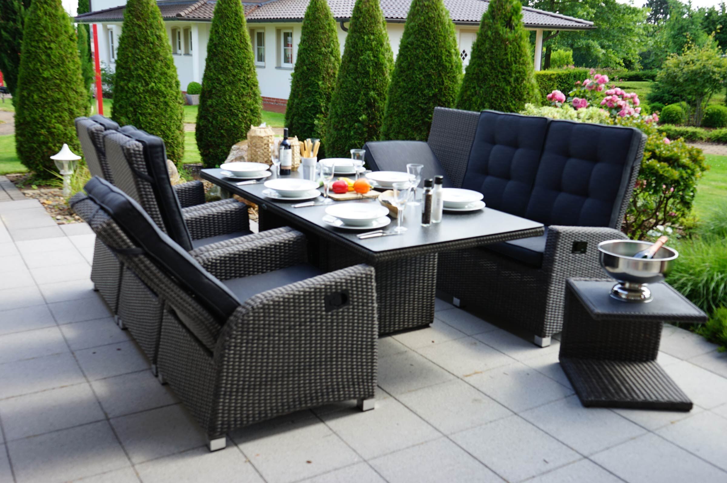 Ploß Rocking Comfort Set, grau/braun-meliert, Polyrattan, Tisch 220 x 100 cm, 6 Personen