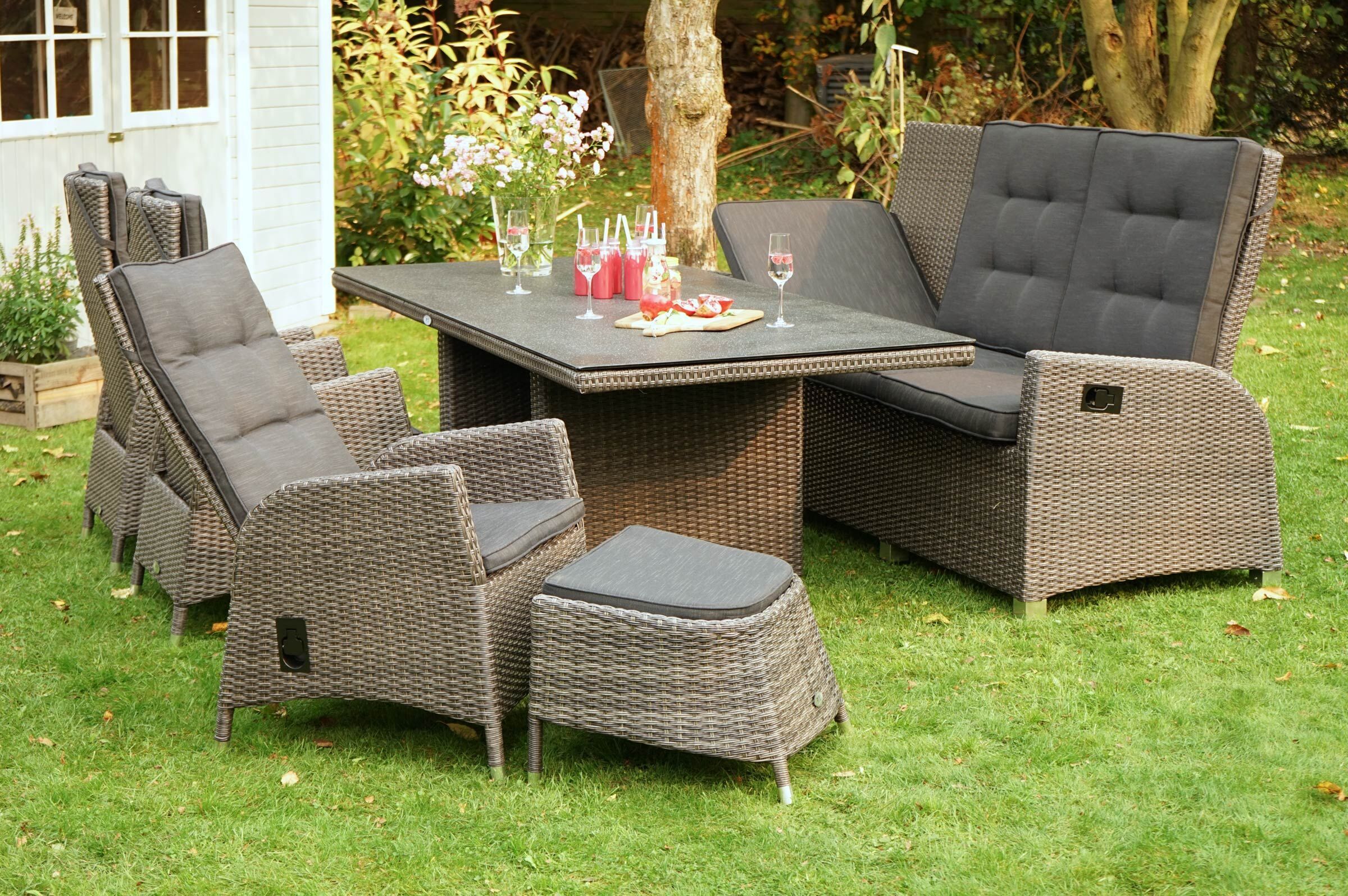 Ploß Rocking Comfort Garten-Essgruppe, grau/braun-meliert, Polyrattan, Tisch 220 x 100 cm, 6-7 Personen