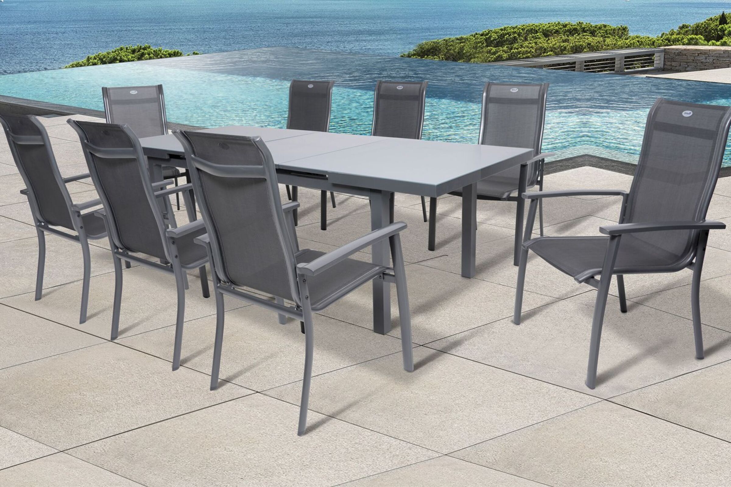 HARTMAN Alice Comfort Garten-Essgruppe, xerix, Alu/Textilene, Tisch 180/240x100cm, 8 Stapelsessel