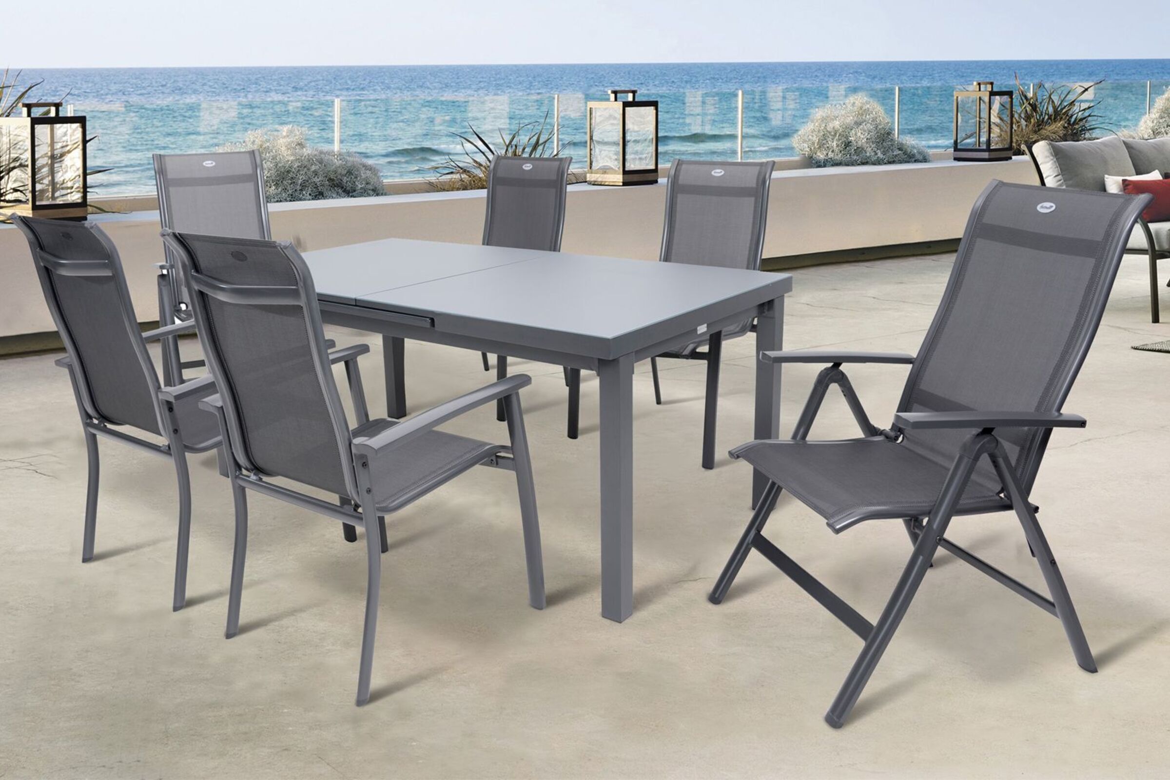 HARTMAN Alice Comfort Garten-Essgruppe, xerix, Alu/Textilene, Tisch 180/240x100cm, 4 Stapel-, 2 Multipositionssessel