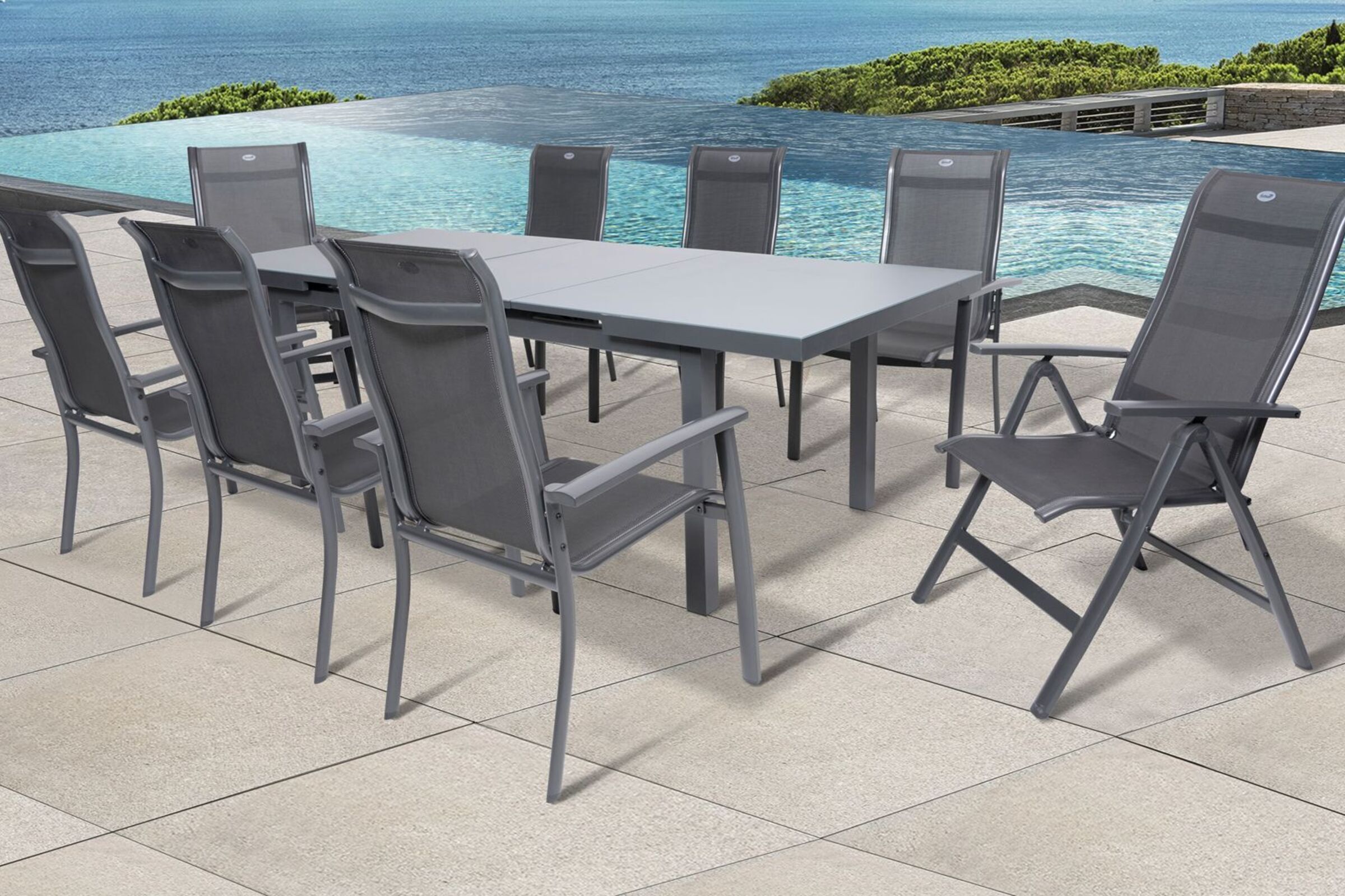 HARTMAN Alice Comfort Garten-Essgruppe, xerix, Alu/Textilene, Tisch 180/240x100cm, 6 Stapel-, 2 Multipositionssessel