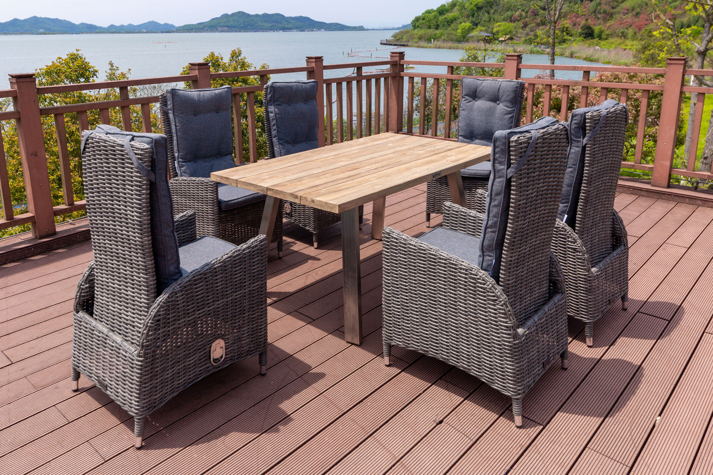 OUTFLEXX Garten-Essgruppe, Edelstahl/recyceltes FSC-Teak, Tisch 160×90 cm, 6 Hochlehner- Diningsessel, A-Gestell