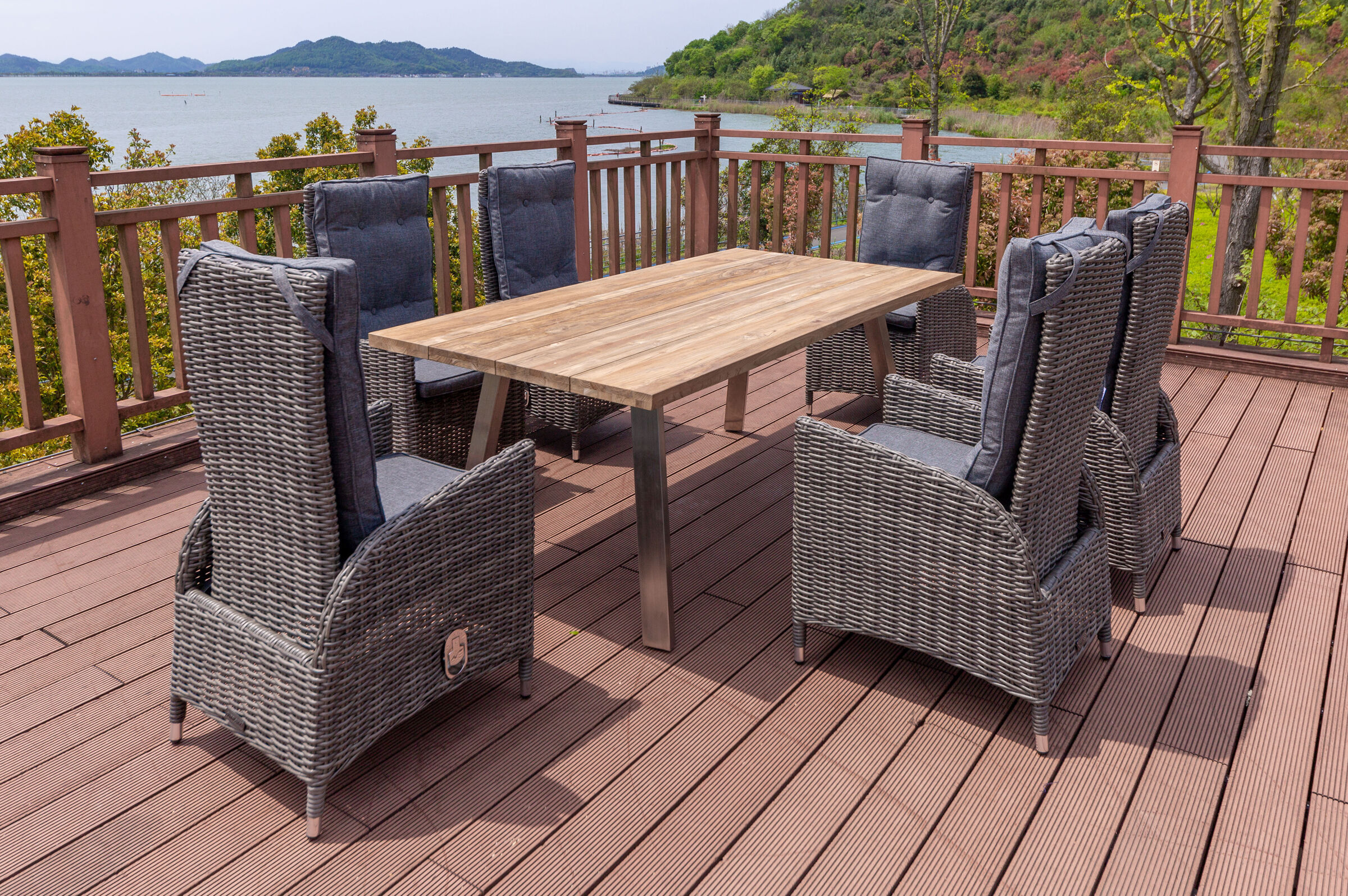 OUTFLEXX Garten-Essgruppe, Edelstahl/recyceltes FSC-Teak, Tisch 200×100 cm, 6 Hochlehner- Diningsessel, A-Gestell