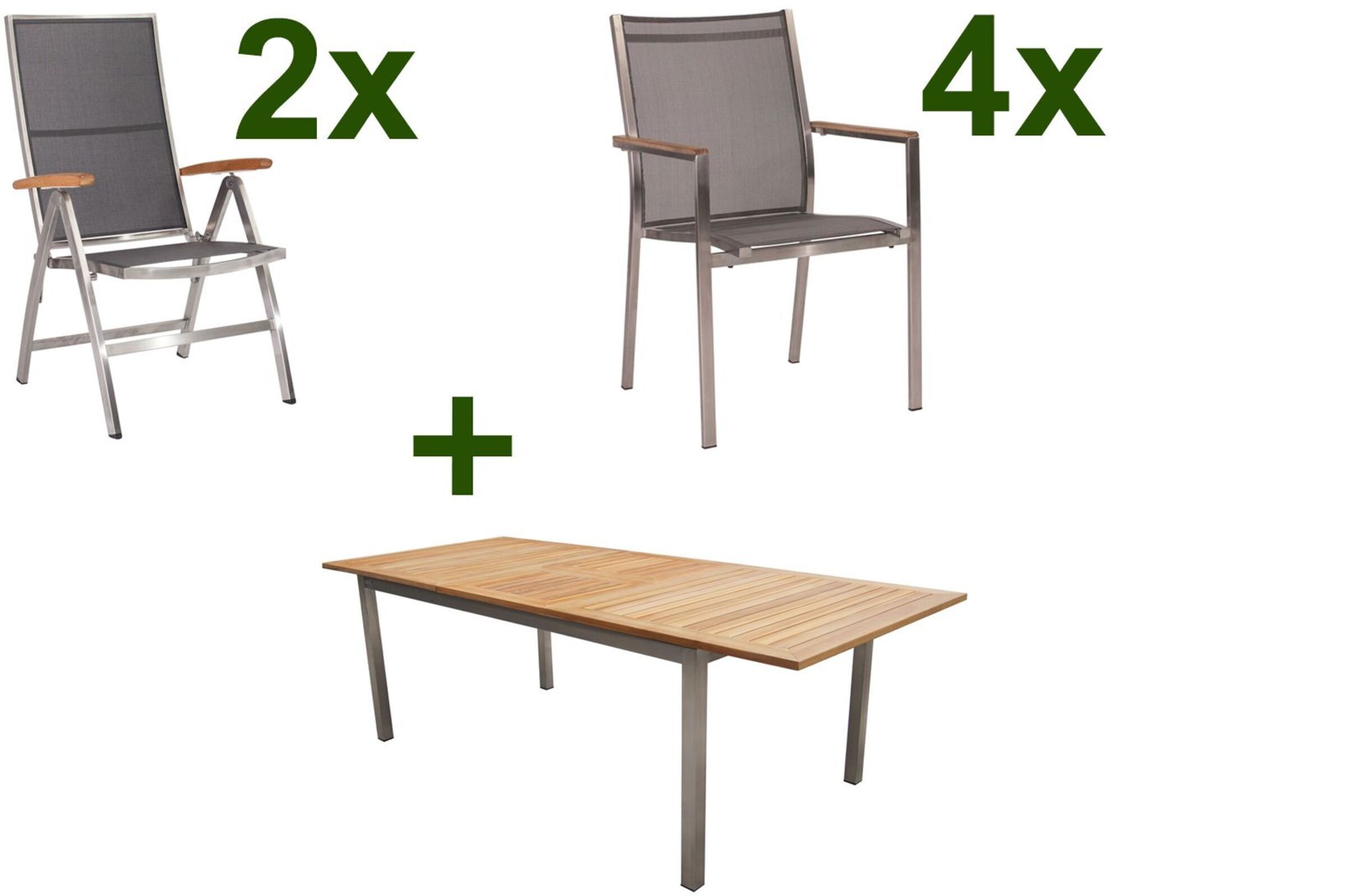 STERN Cardiff Set, silber/silbergrau, Edelstahl/FSC-Teak, Tisch 200/300 x 100 cm, 4 Stapel-, 2 Multipositionssessel