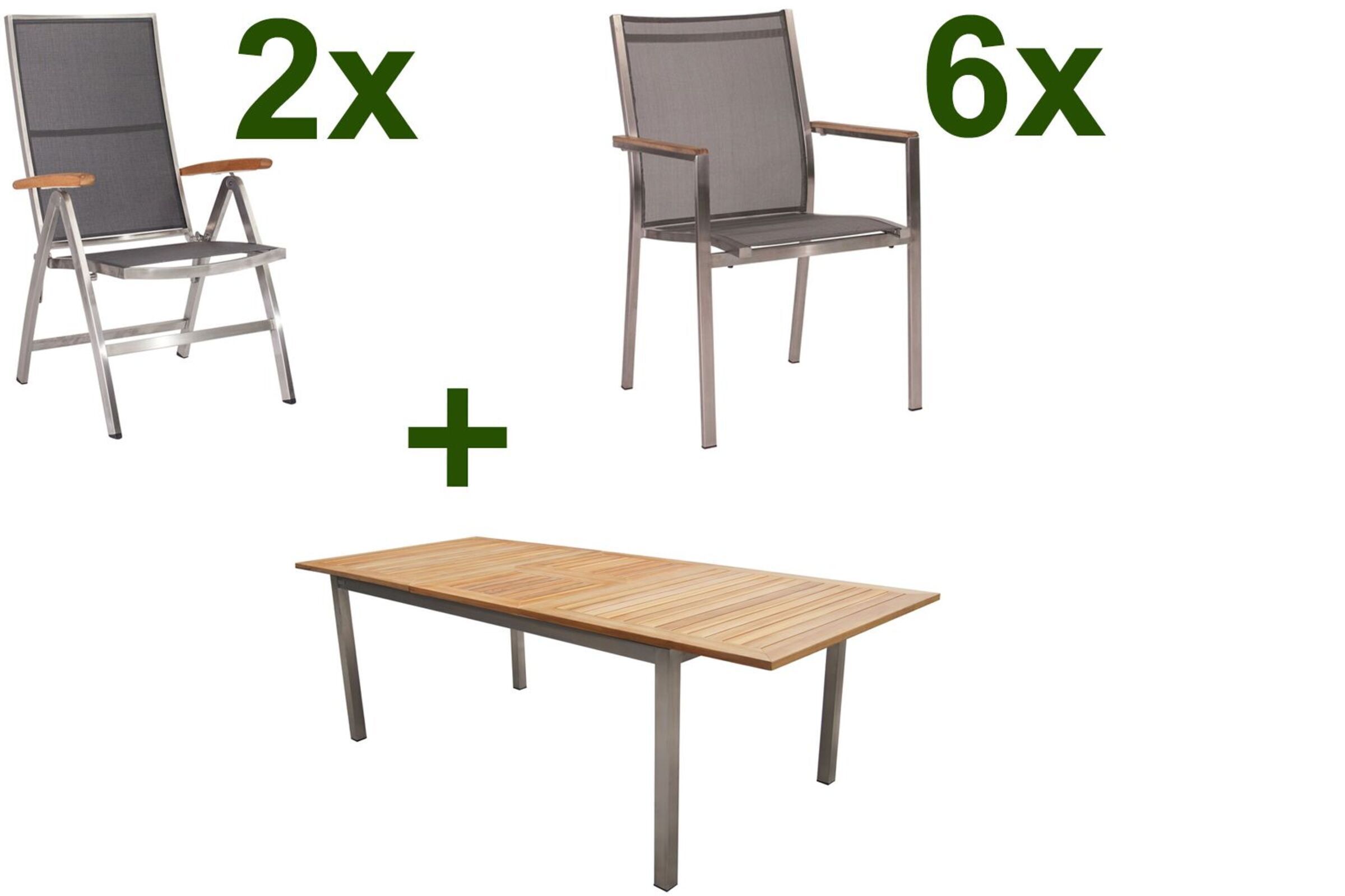 STERN Cardiff Set, silber/silbergrau, Edelstahl/FSC-Teak, Tisch 200/300 x 100 cm, 6 Stapel-, 2 Multipositionssessel