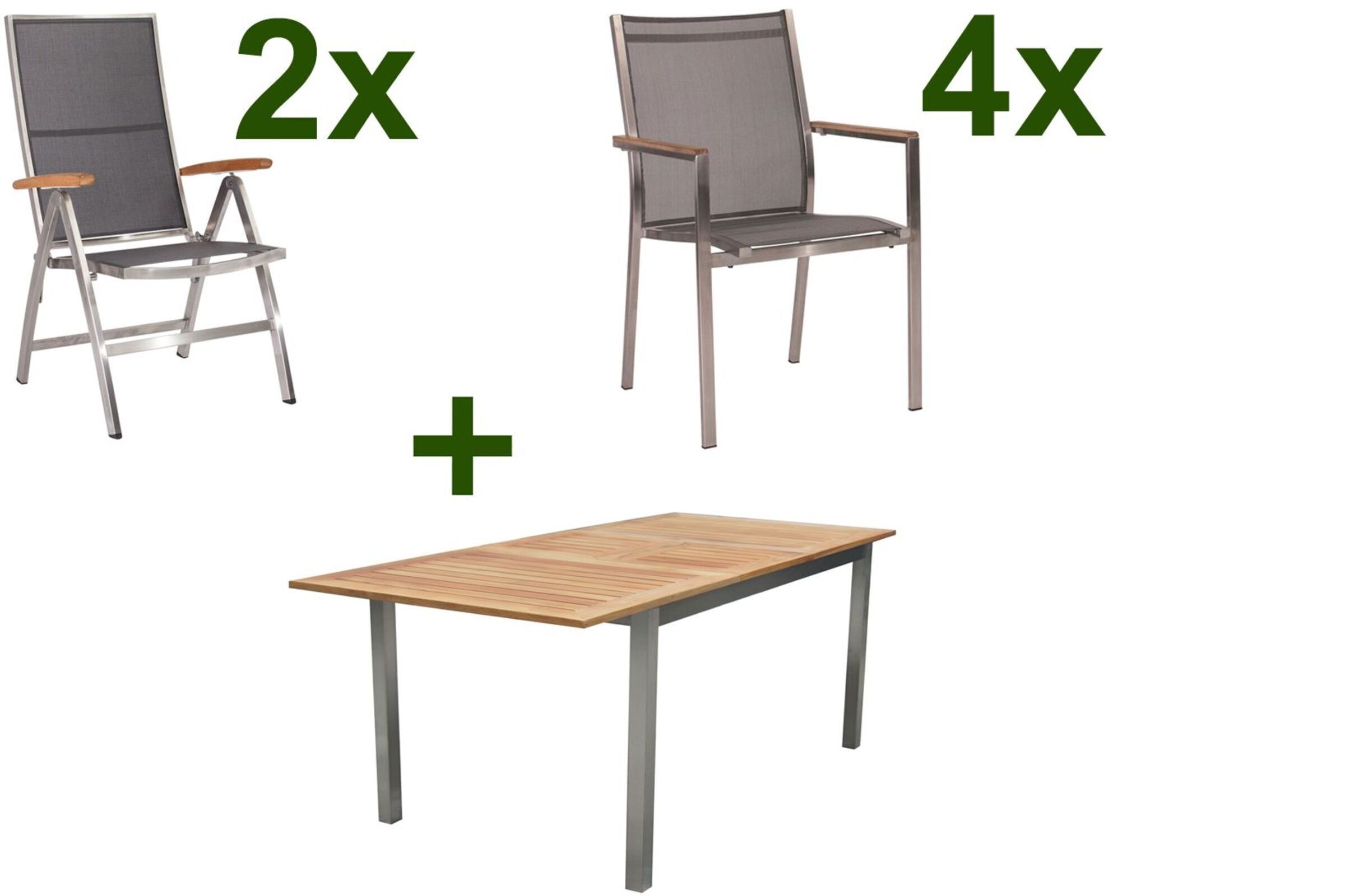 STERN Cardiff Set, silber/silbergrau, Edelstahl/FSC-Teak, Tisch 150/200 x 90 cm, 4 Stapel-, 2 Multipositionssessel