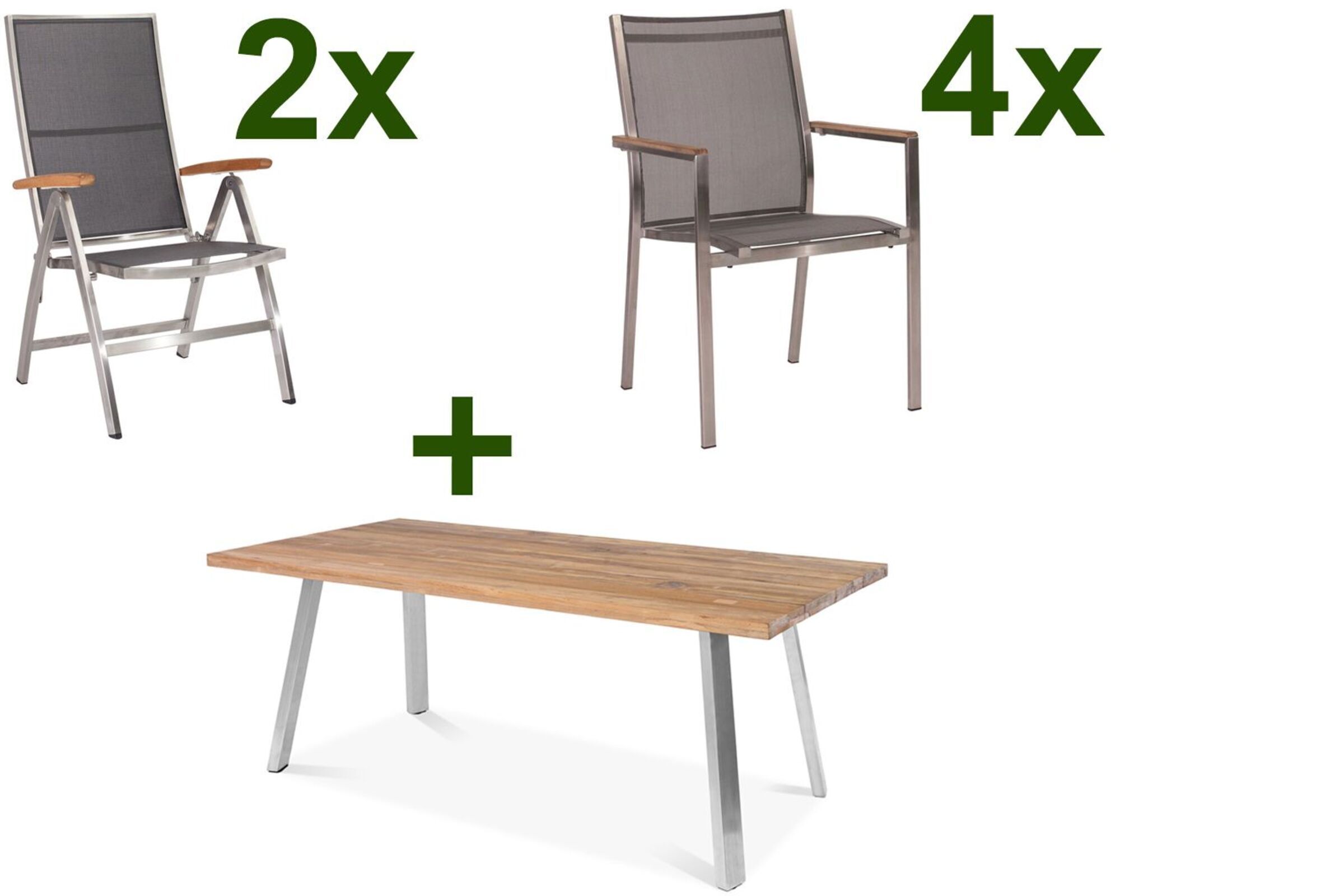 STERN Cardiff Set, silber/silbergrau, Edelstahl/Teak, Tisch A-Gestell 200 x 100 cm, 4 Stapel-, 2 Multipositionssessel