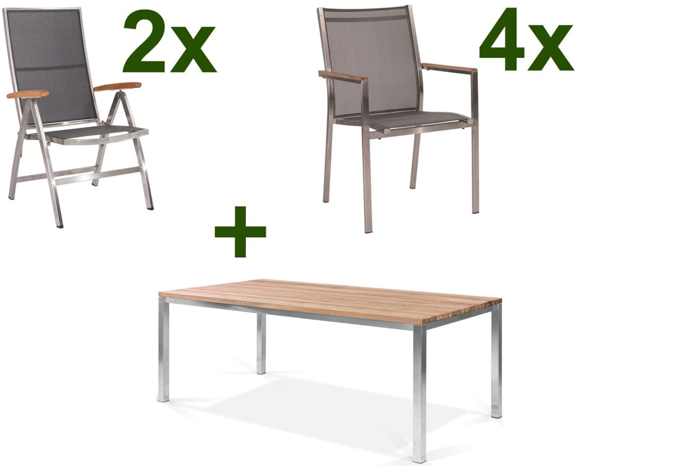 STERN Cardiff Garten-Essgruppe, silber/silbergrau, Edelstahl/Teak, Tisch 200 x 100 cm, 4 Stapel-, 2 Multipositionssessel