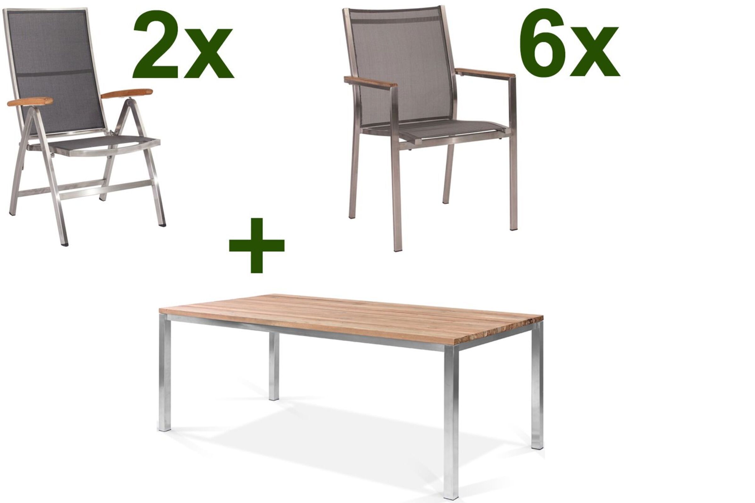 STERN Cardiff Garten-Essgruppe, silber/silbergrau, Edelstahl/Teak, Tisch 200 x 100 cm, 6 Stapel-, 2 Multipositionssessel