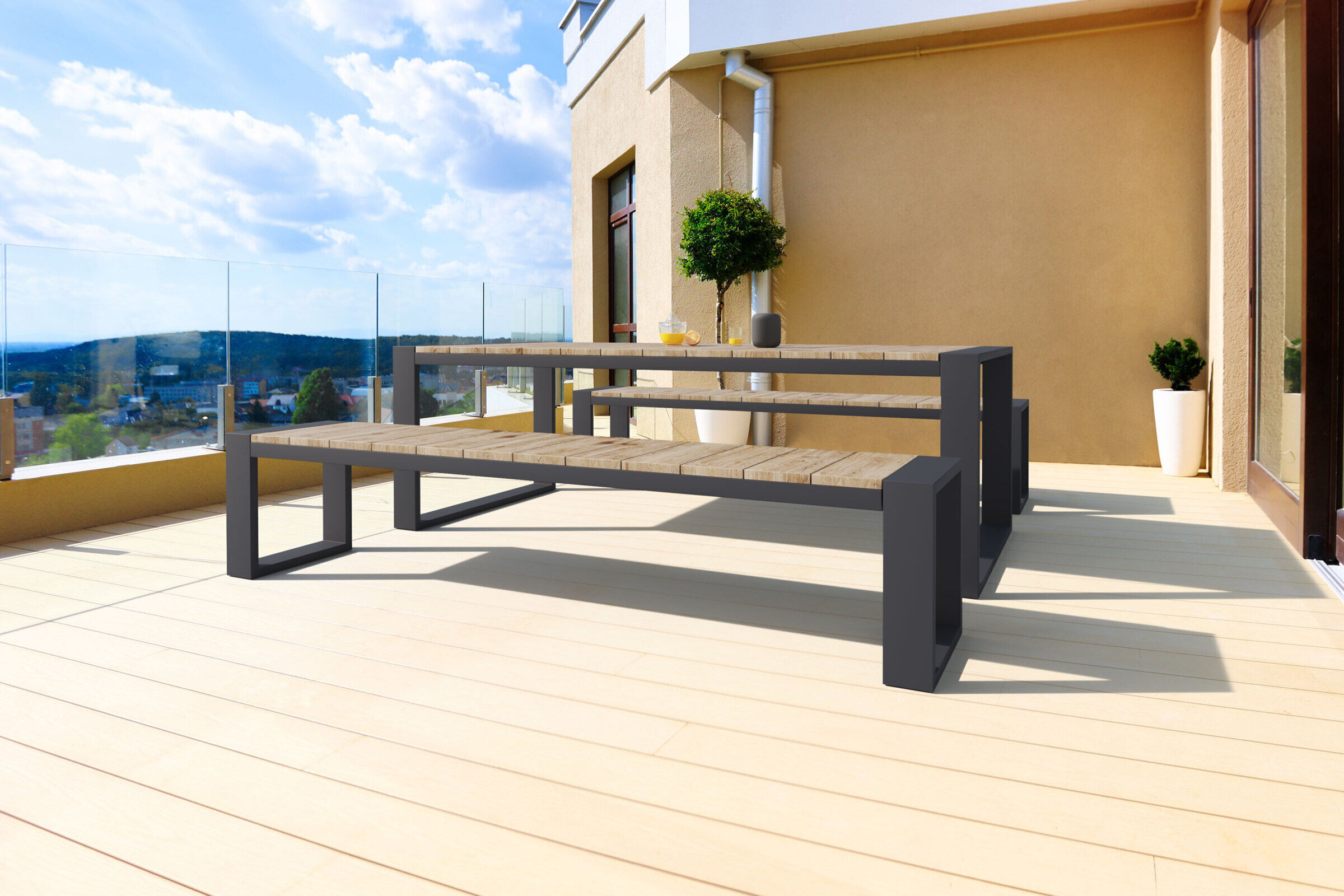 OUTFLEXX Kona Garten-Essgruppe, dark grey/natur, Alu/recycled FSC-Teak, Esstisch 240x100cm, 2x Bank 240x40cm, U-Gestell