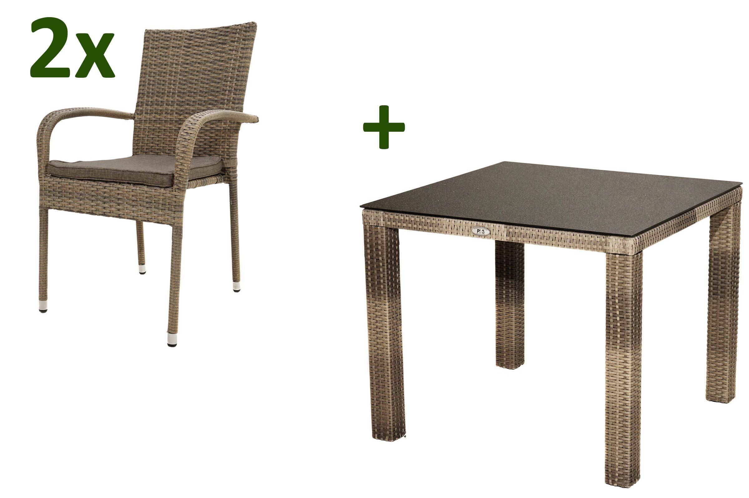 Ploß Rabida Balkon-Set, champagner-meliert, Polyrattan, Tisch 90×90 cm, 2 Stapelstühle, Glasplatte in Steinoptik