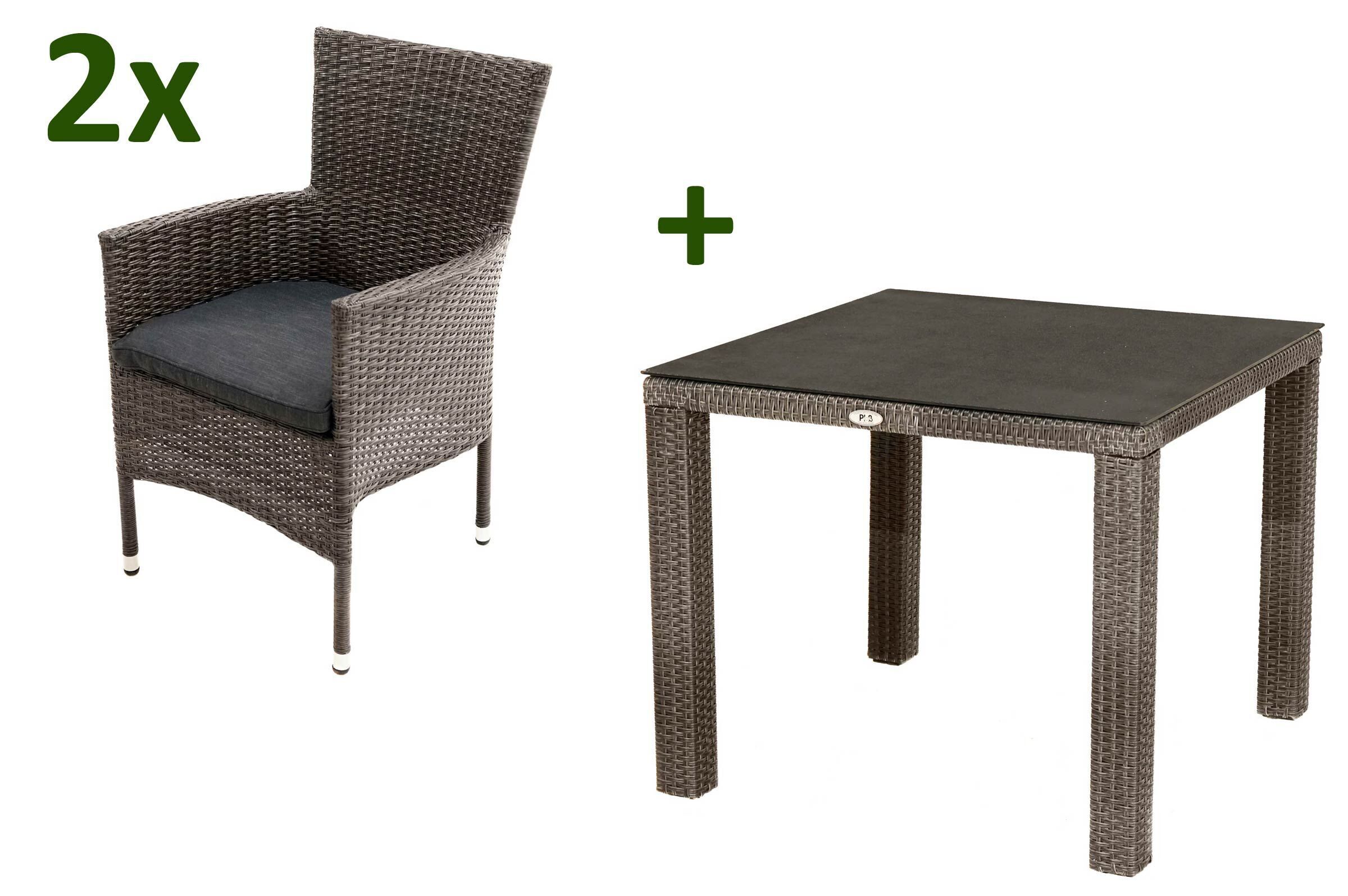 Ploß Rocking Balkon-Set, grau/braun-meliert, Polyrattan, Tisch 90×90 cm, 2 Stapelsessel, Glasplatte in Steinoptik