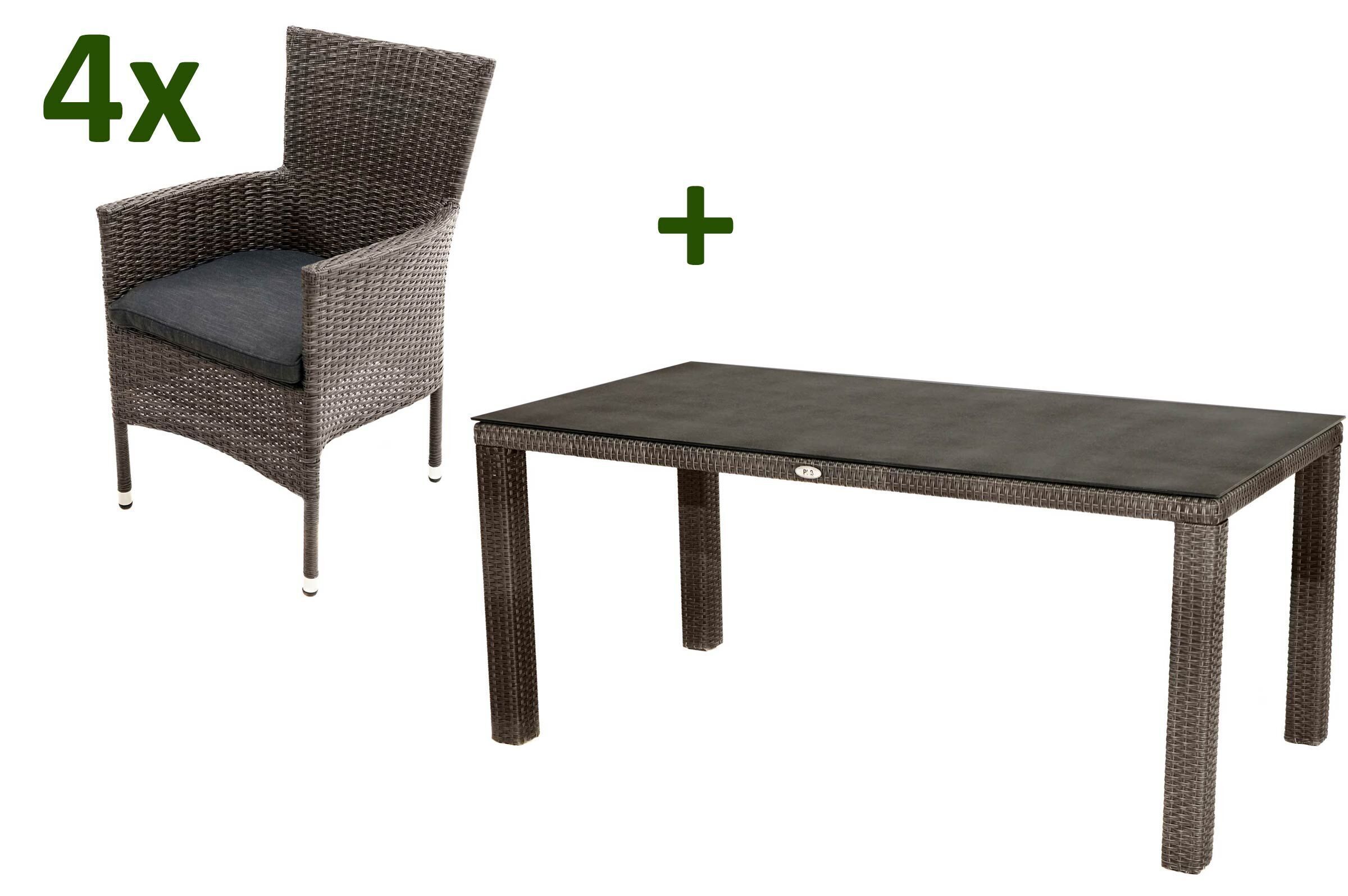 Ploß Rocking Garten-Essgruppe, grau/braun-meliert, Polyrattan, Tisch 170 x 90 cm, 4 Stapelsessel, Glasplatte in Steinoptik