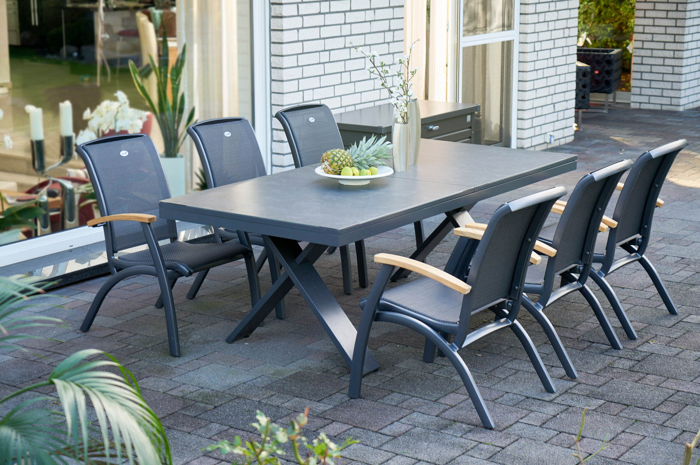 HARTMAN Sondermodell Xanadu / Da Vinci Garten-Essgruppe, xerix/anthrazit, Alu/Glaskeramik, 6 Diningsessel, 220/280x100cm