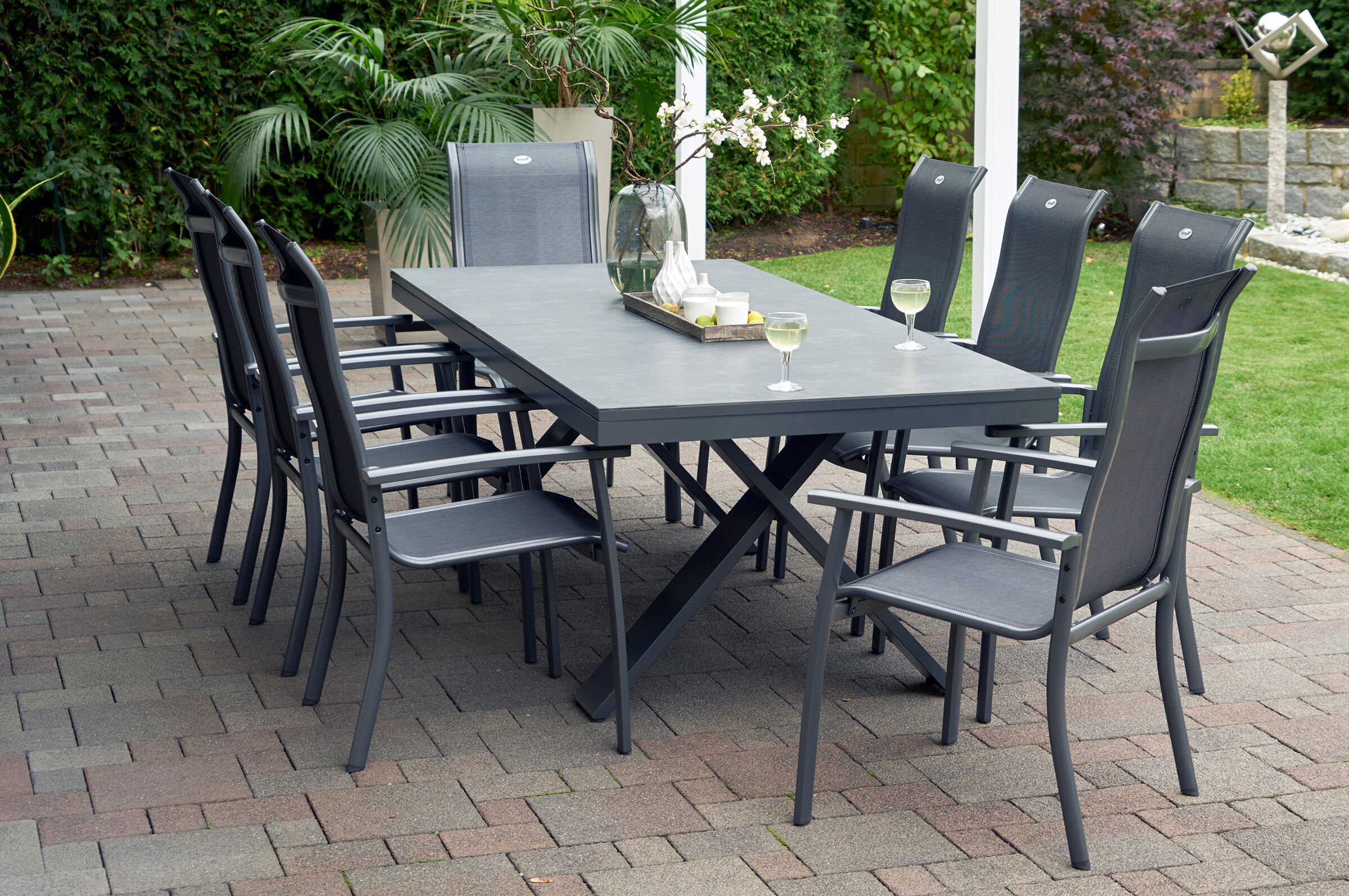 HARTMAN Sondermodell Xanadu / Alice Comfort Set, xerix/anthrazit, Alu/Glaskeramik, 8 Stapelsessel, 220/280x100cm