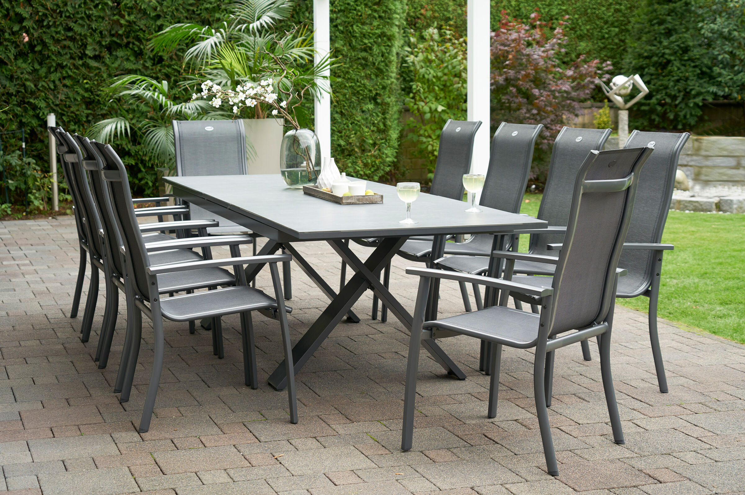 HARTMAN Sondermodell Xanadu / Alice Comfort Set, xerix/anthrazit, Alu/Glaskeramik, 10 Stapelsessel, 220/280x100cm