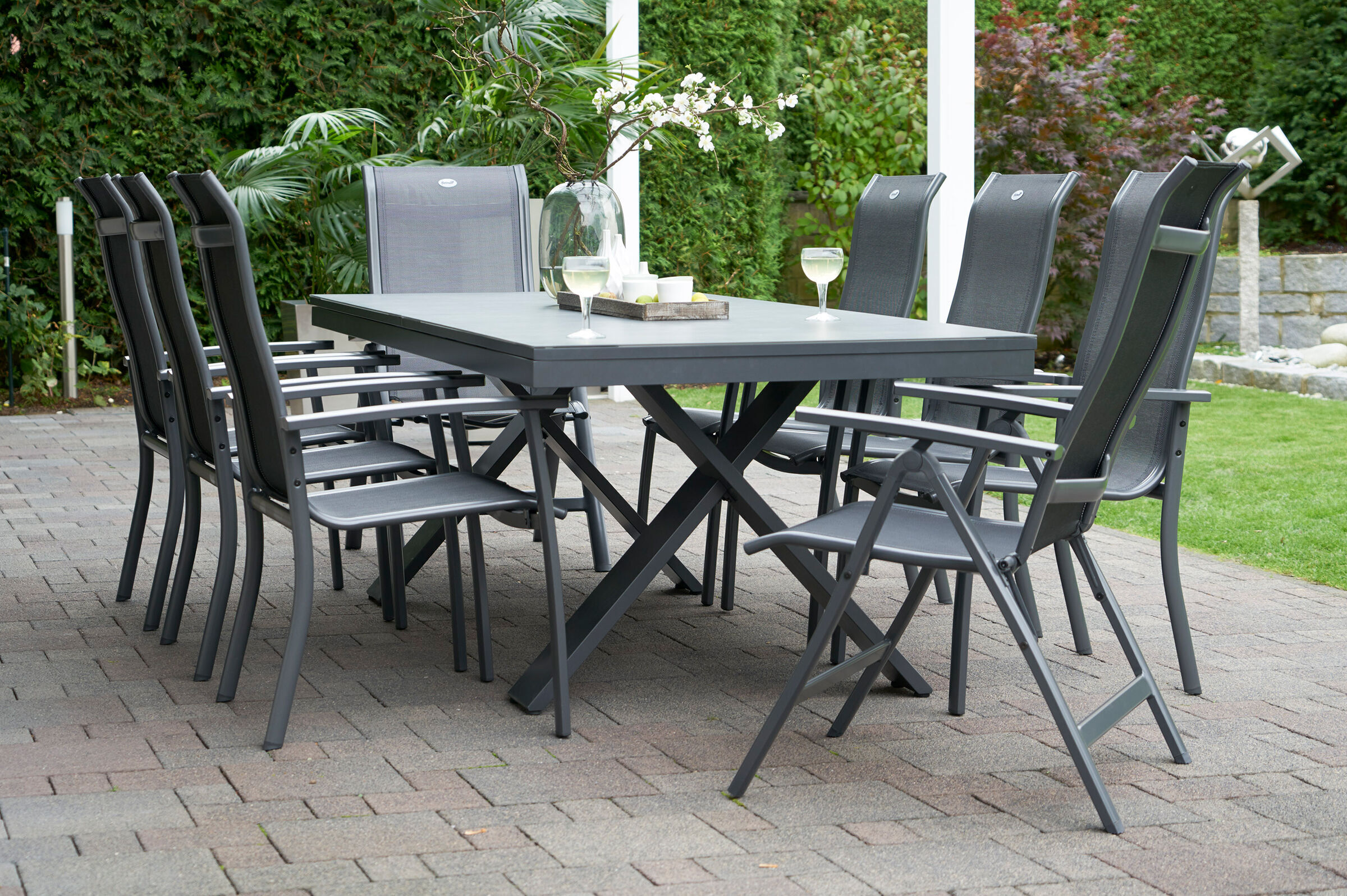 HARTMAN Sondermodell Xanadu / Alice Comfort Set, xerix/anthrazit, Alu/Glaskeramik, 6 Stapelsessel, 2 Multipositionssessel, 220/280x100cm