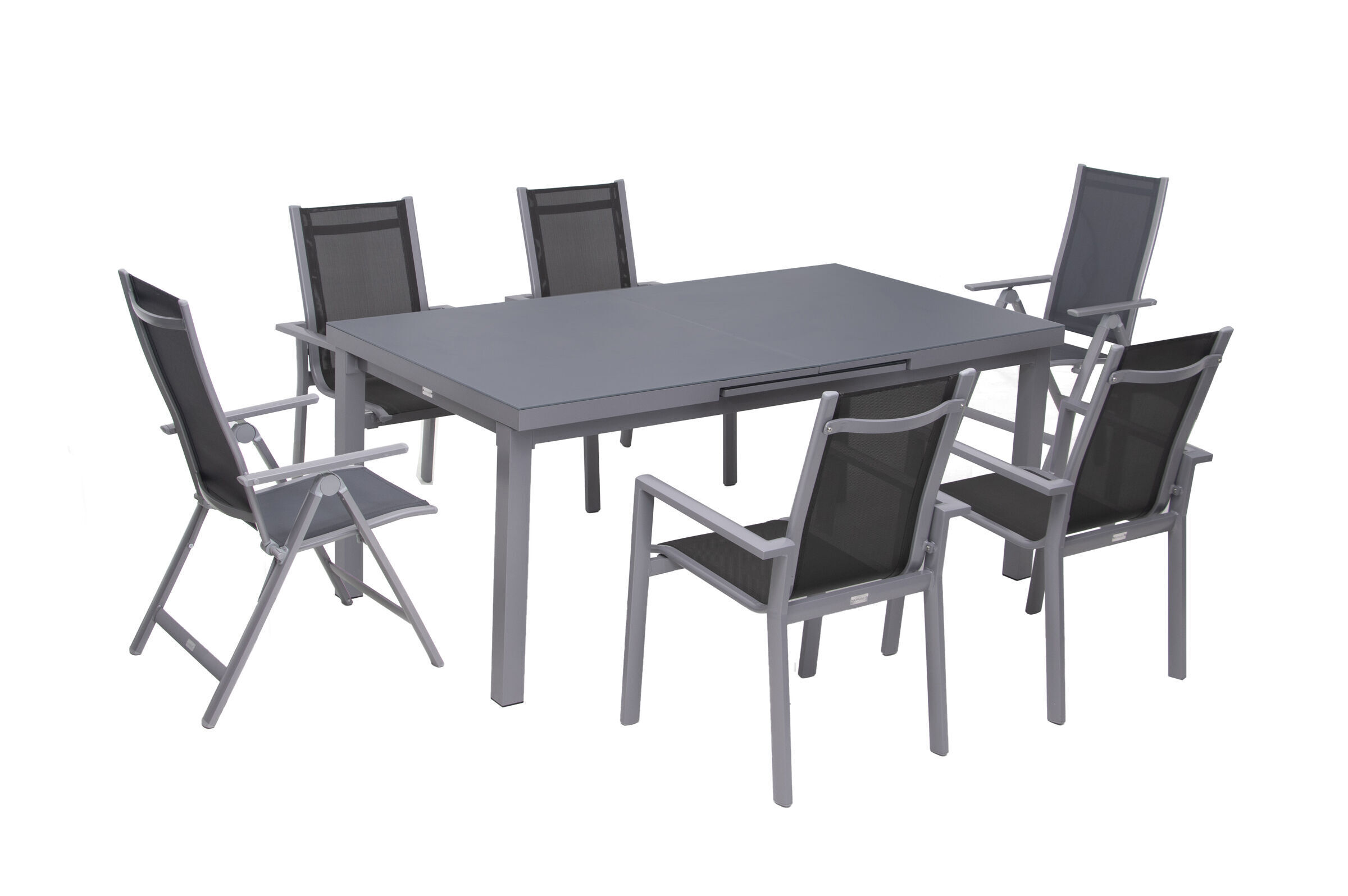 OUTFLEXX Premium Garten-Essgruppe, silber/grau, Alu/Textilene, Ausziehtisch 180/240 x 100 cm, 4 Stapel-, 2 Multipositionssessel