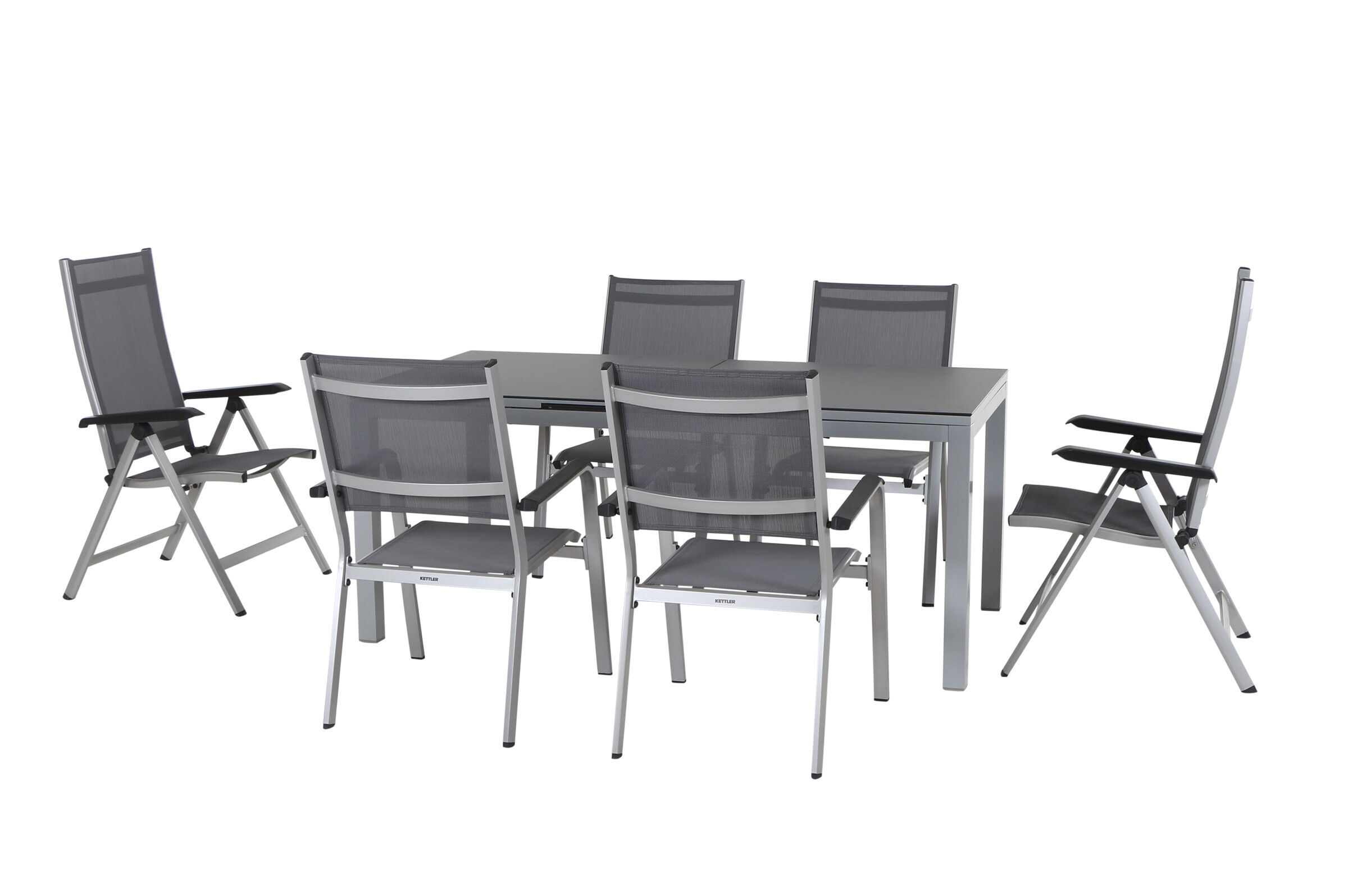 KETTLER Friends Garten-Essgruppe, silber/anthrazit, Alu/Textilene, Tisch 180/240 x 90 cm, 4 Stapel-, 2 Multipositionssessel