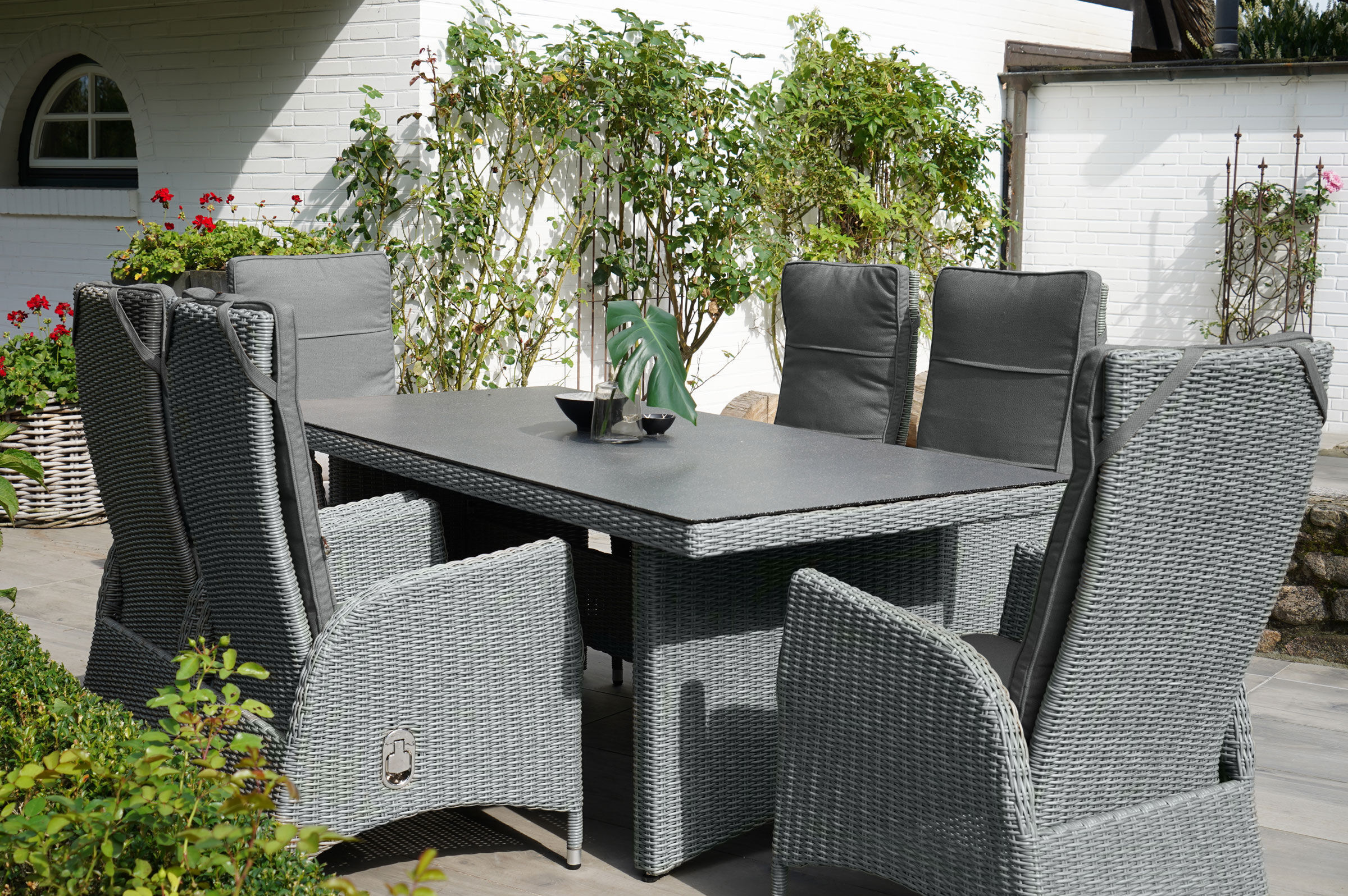 Ploß Vigo Garten-Essgruppe, stahlgrau-meliert / schiefergrau, Polyrattan, Tisch 200 x 95 cm, 6 Sessel