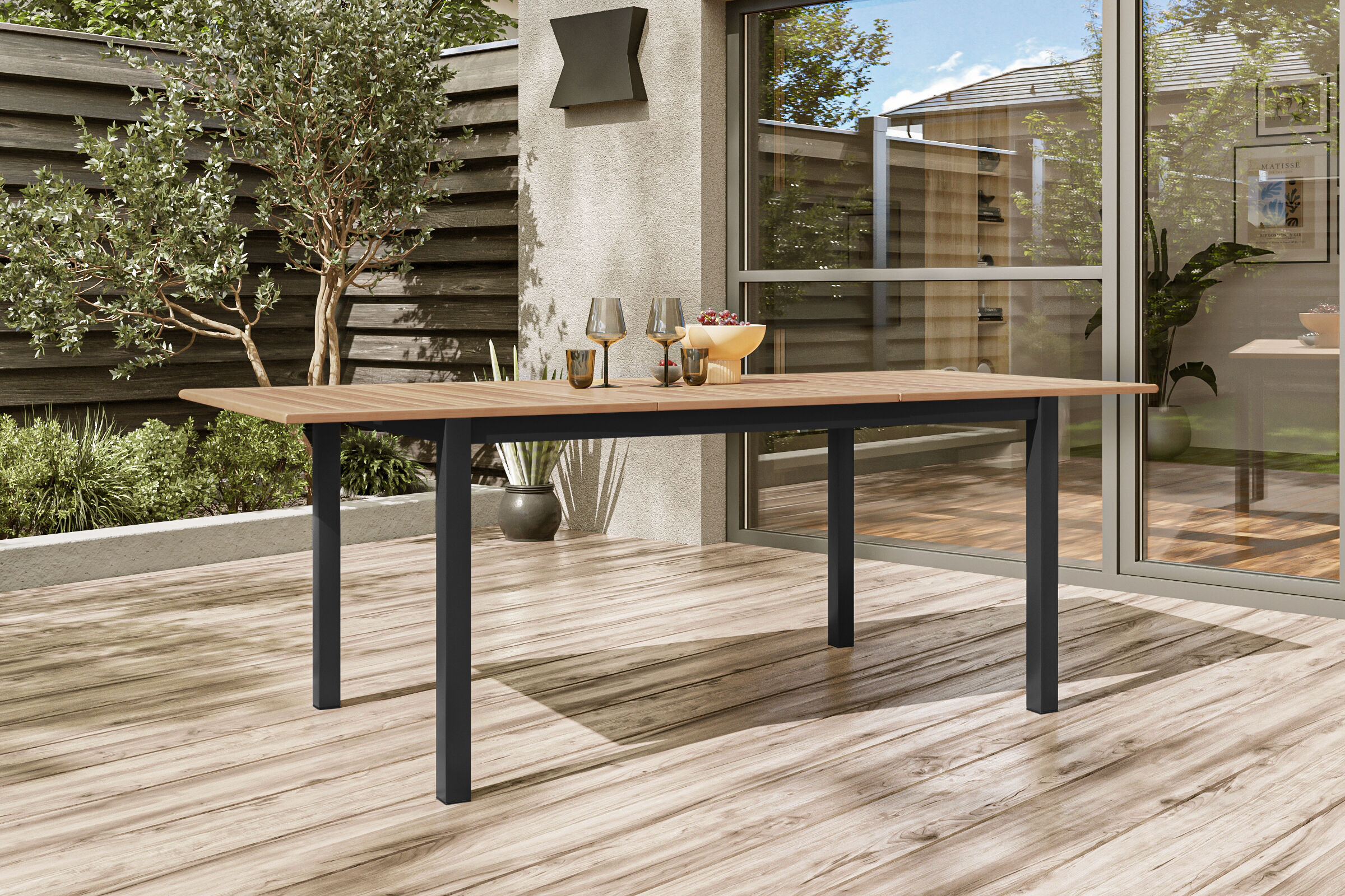 OUTFLEXX Ausziehtisch, anthrazit matt, Alu/FSC-Teak, 150/210 x 90 cm, Synchronauszug mit Butterfly-Funktion