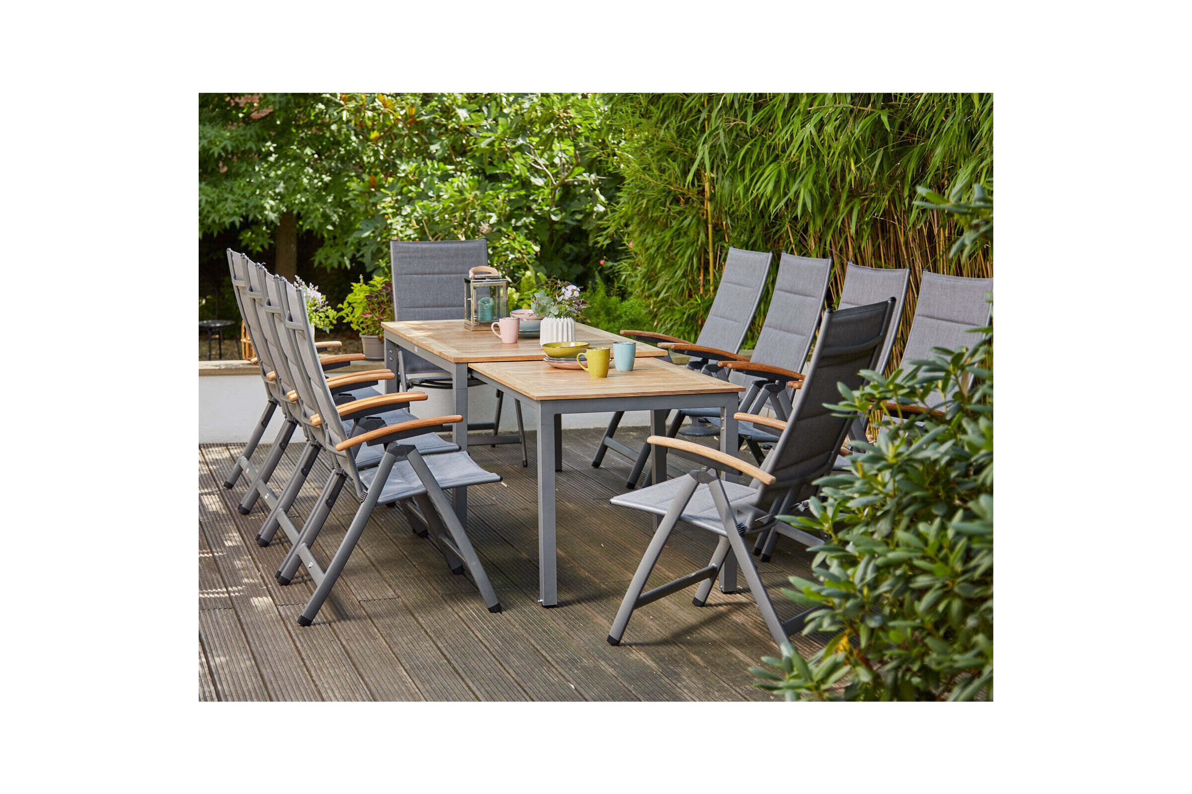 SIENA GARDEN Savina XL/Geneva Garten-Essgruppe, graphit/grau, Alu/Teak/Texfabric, Tisch 160/260×90 cm, 10 Multipos.