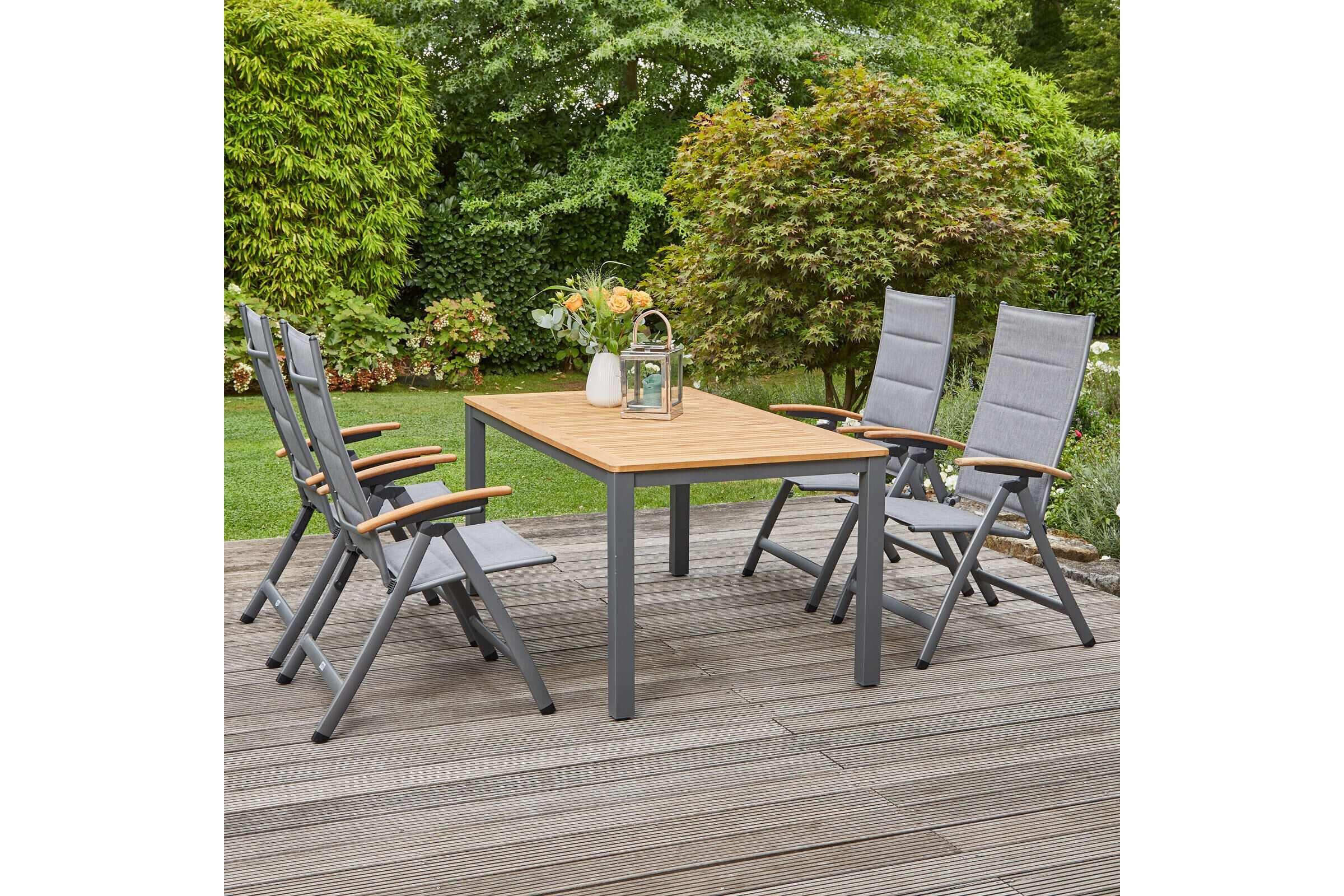 SIENA GARDEN Savina XL/Geneva Garten-Essgruppe, graphit/grau, Alu/Teak/Texfabric, Tisch 160×90 cm, 4 Multipos.