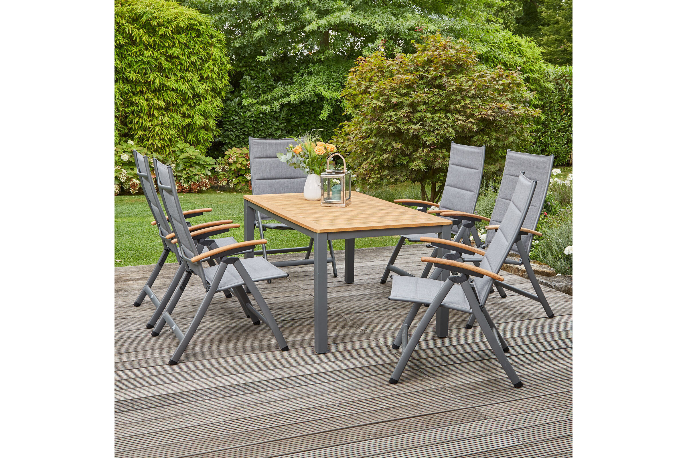 SIENA GARDEN Savina XL/Geneva Garten-Essgruppe, graphit/grau, Alu/Teak/Texfabric, Tisch 160×90 cm, 6 Multipos.