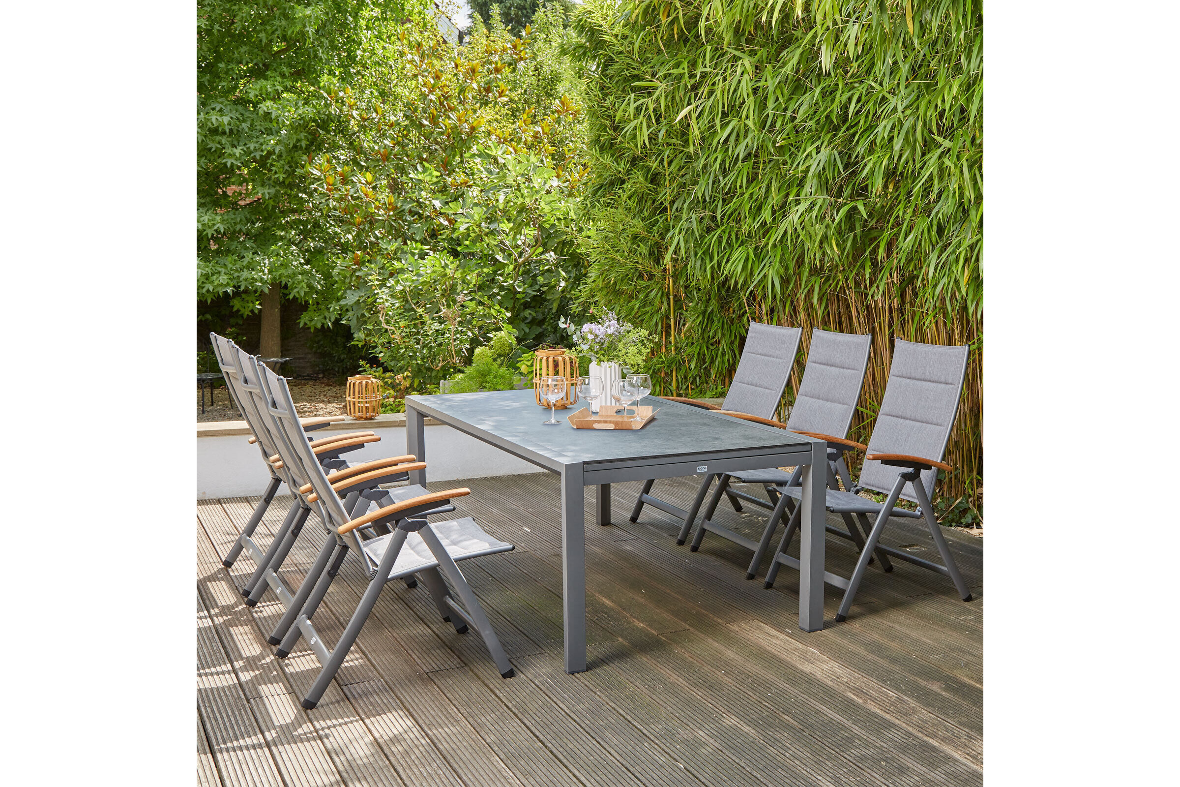 SIENA GARDEN Savina XL/Kingston Garten-Essgruppe, matt graphit/grau/slate look, Alu/Teak/Keramik/Texfabric, Tisch 220/340×108 cm, 6 Multipos.