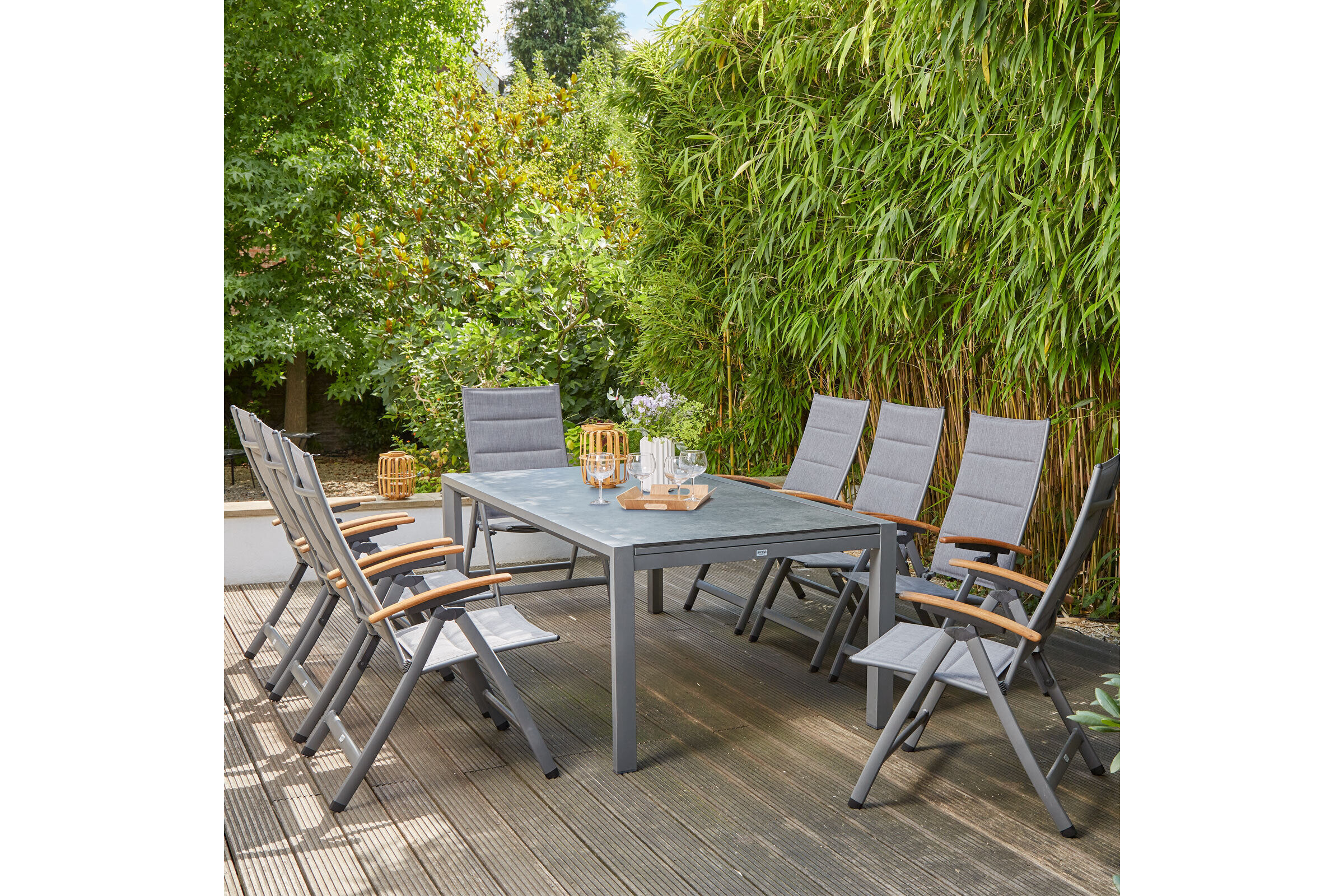 SIENA GARDEN Savina XL/Kingston Garten-Essgruppe, matt graphit/grau/slate look, Alu/Teak/Keramik/Texfabric, Tisch 220/340×108 cm, 8 Multipos.