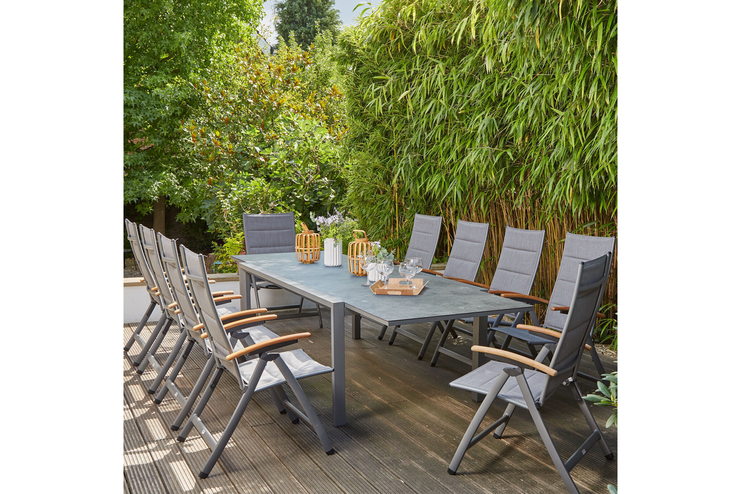 SIENA GARDEN Savina XL/Kingston Garten-Essgruppe, matt graphit/grau/slate look, Alu/Teak/Keramik/Texfabric, Tisch 220/340×108 cm, 10 Multipos.