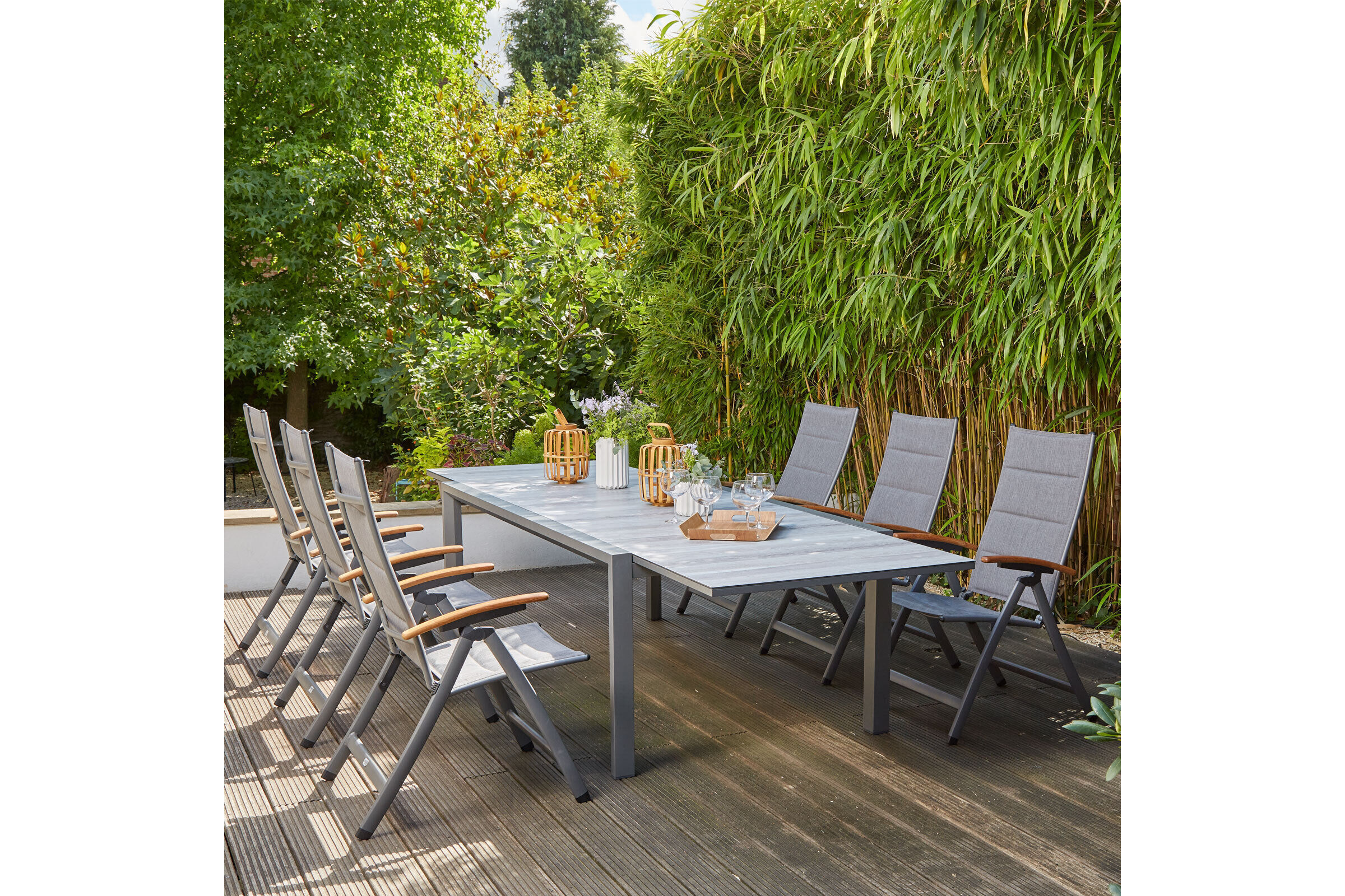 SIENA GARDEN Savina XL/Kingston Garten-Essgruppe, matt graphit/grau/wood look, Alu/Teak/Keramik/Texfabric, Tisch 220/340×108 cm, 6 Multipos.