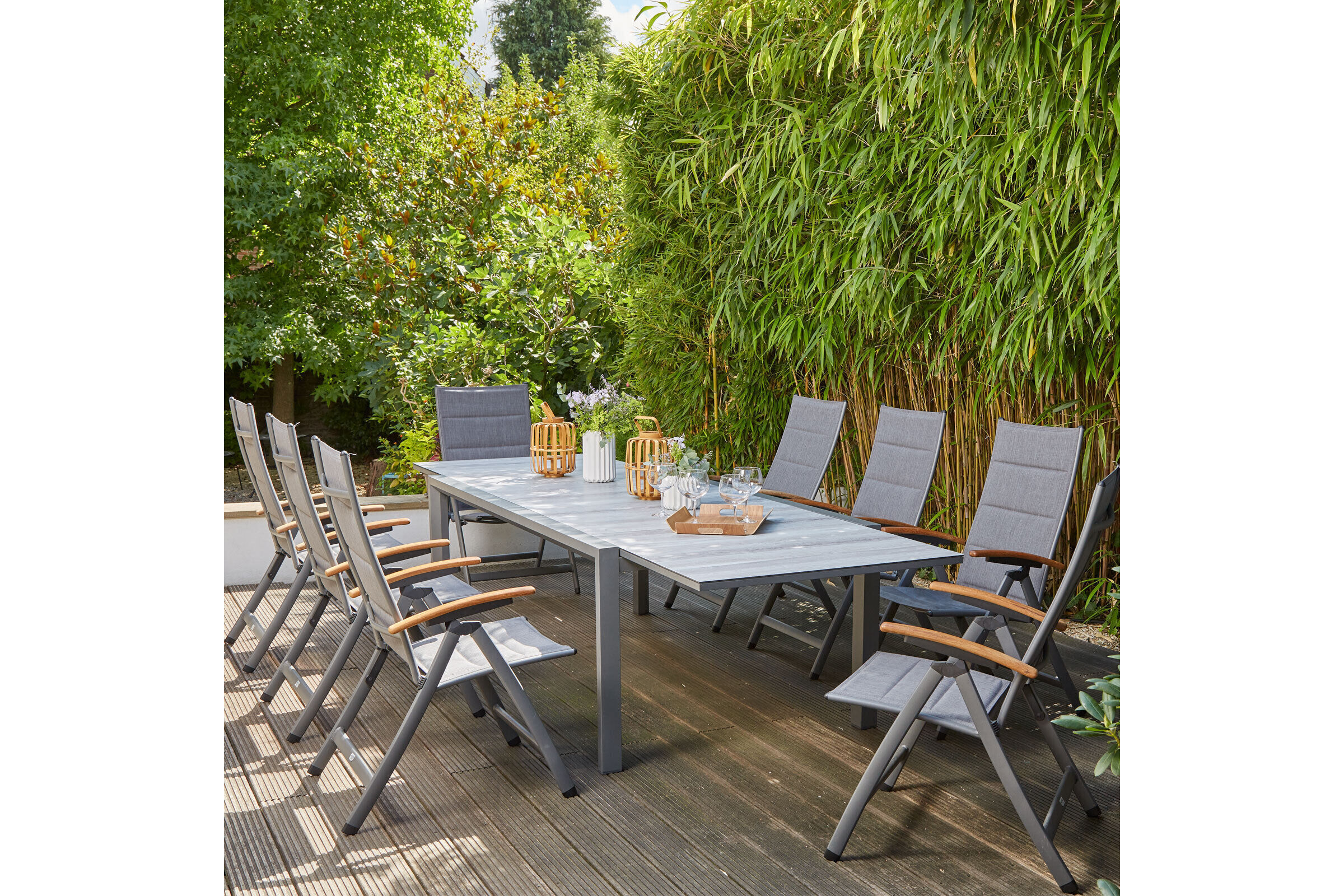 SIENA GARDEN Savina XL/Kingston Garten-Essgruppe, matt graphit/grau/wood look, Alu/Teak/Keramik/Texfabric, Tisch 220/340×108 cm, 8 Multipos.