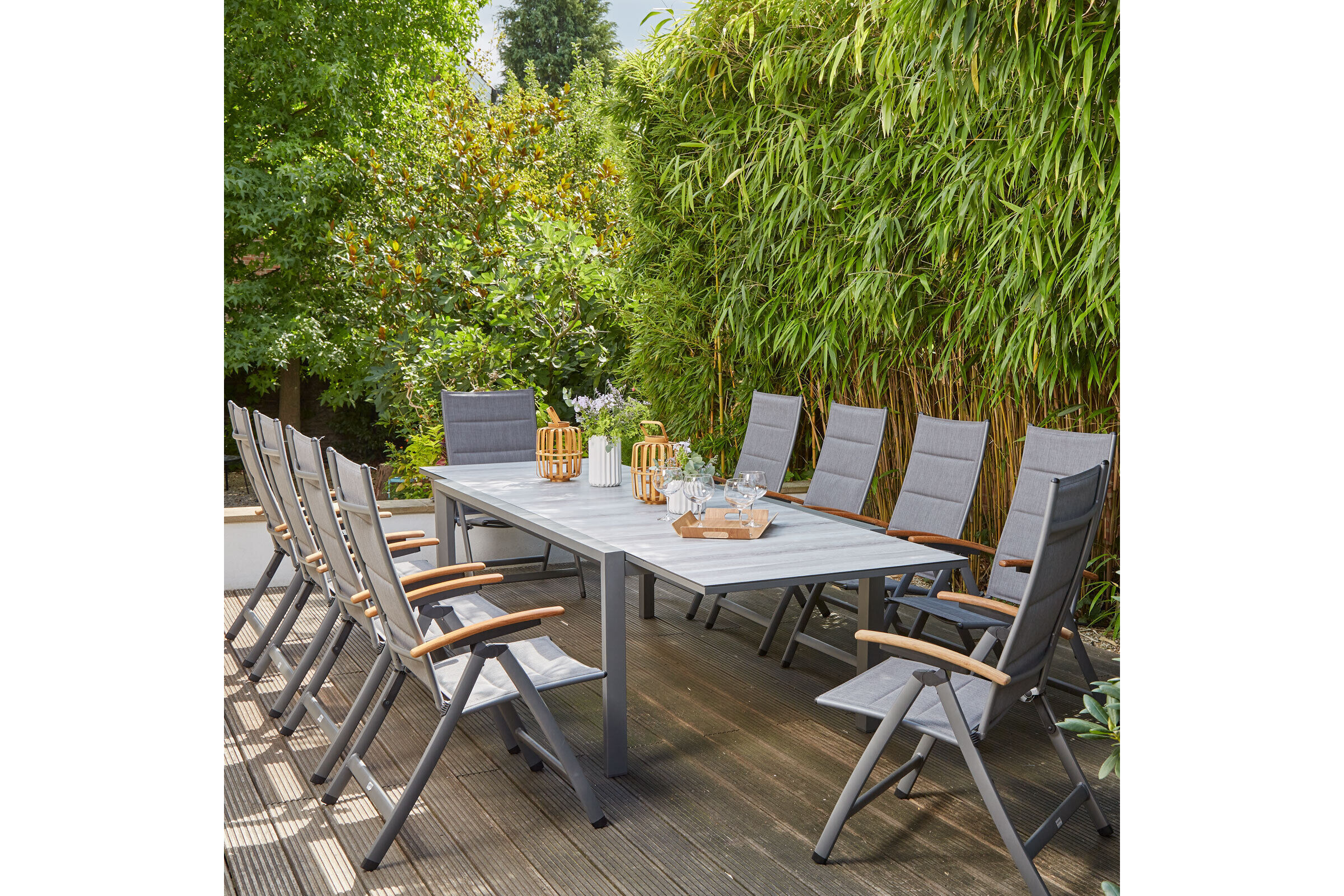 SIENA GARDEN Savina XL/Kingston Garten-Essgruppe, matt graphit/grau/wood look, Alu/Teak/Keramik/Texfabric, Tisch 220/340×108 cm, 10 Multipos.