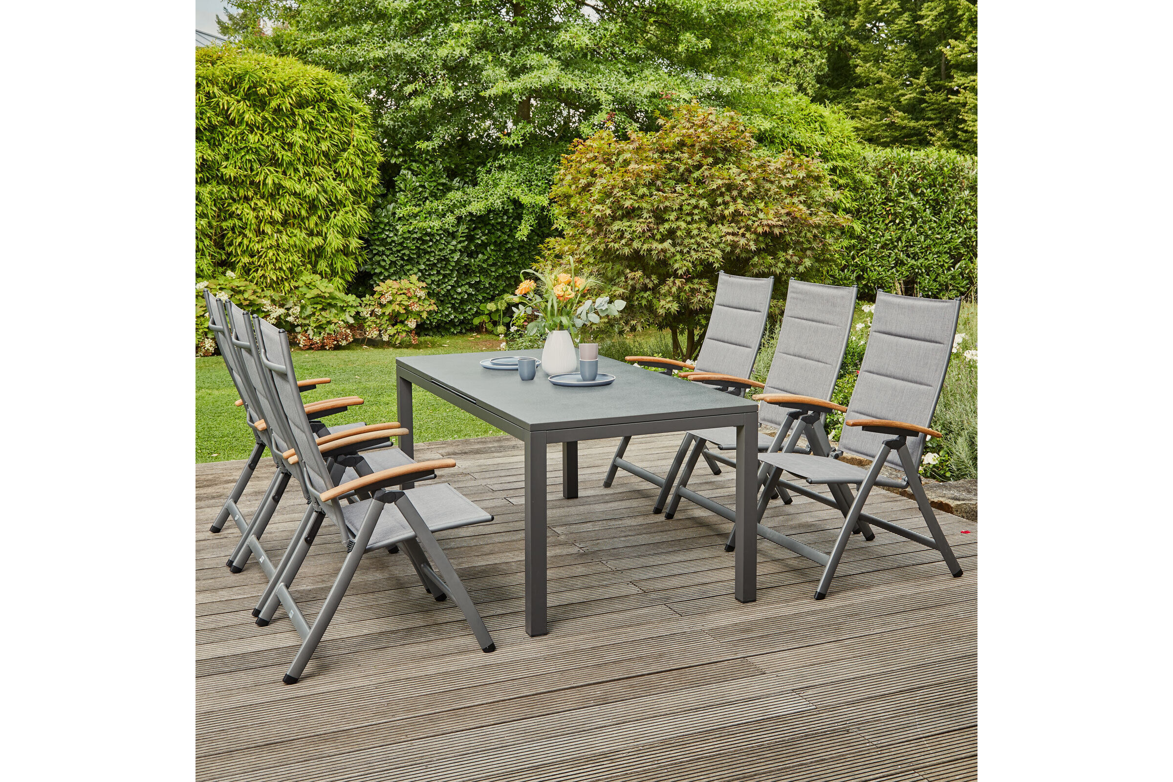 SIENA GARDEN Savina XL/Miros Garten-Essgruppe, matt graphit/grau, Alu/Teak/Texfabric/Spraystone, Tisch 180/240×90 cm, 6 Multipos.