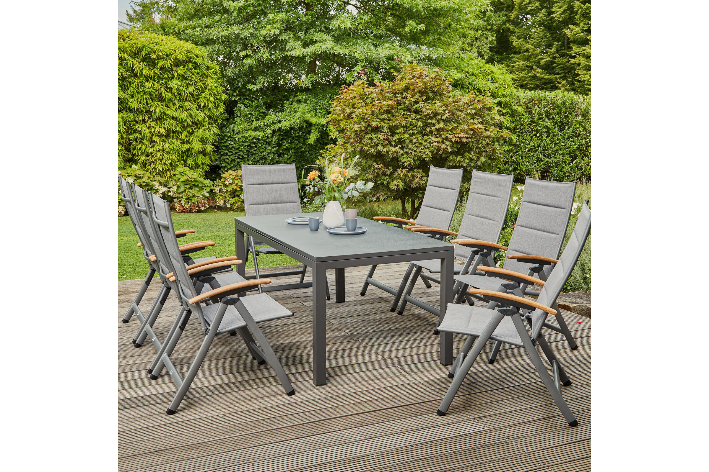 SIENA GARDEN Savina XL/Miros Garten-Essgruppe, matt graphit/grau, Alu/Teak/Texfabric/Spraystone, Tisch 180/240×90 cm, 8 Multipos.