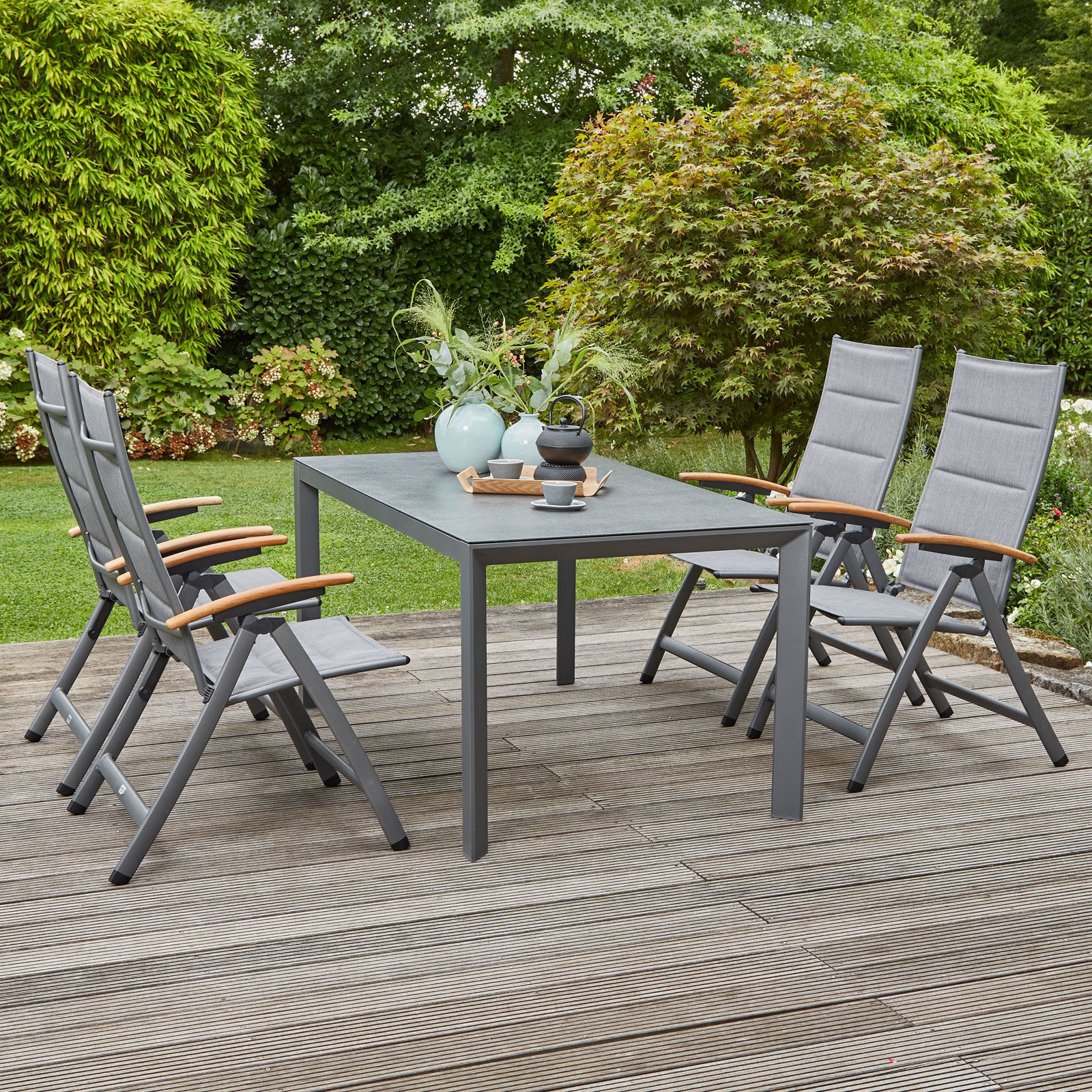 SIENA GARDEN Savina XL/Ricon Garten-Essgruppe, graphit/grau, Alu/Teak/Texfabric/Spraystone, Tisch 160×90 cm, 4 Multipos.