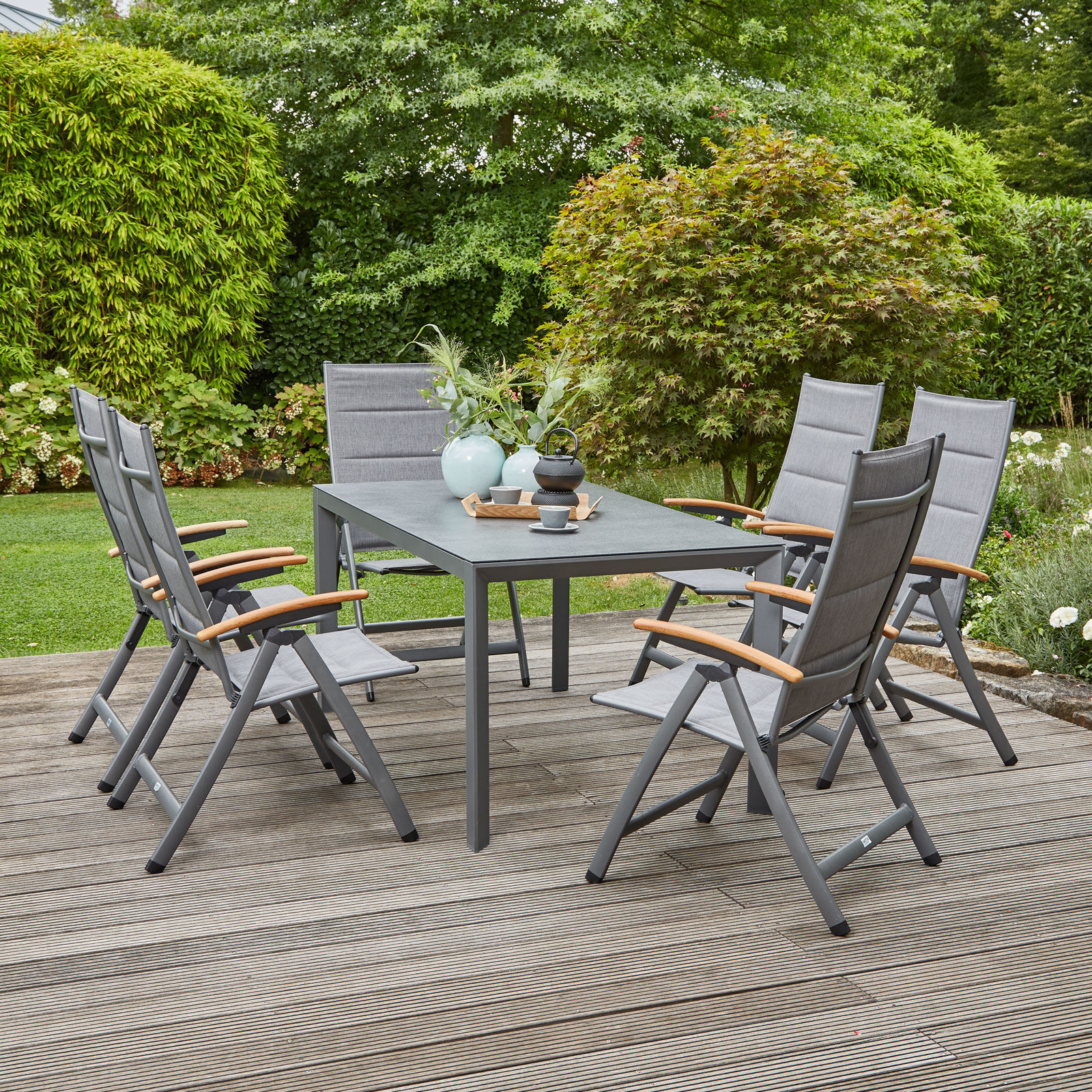 SIENA GARDEN Savina XL/Ricon Garten-Essgruppe, graphit/grau, Alu/Teak/Texfabric/Spraystone, Tisch 160×90 cm, 6 Multipos.