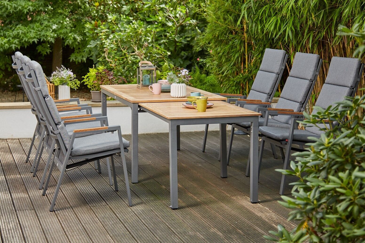 SIENA GARDEN Savona/Geneva Garten-Essgruppe, graphit/grau, Alu/Teak/Texfabric, Tisch 160/260×90 cm, 6 Stapelsessel